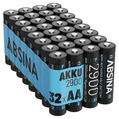 ABSINA Akku AA Mignon 2900 32er Pack - NiMH Wiederaufladbarer AA Akku mit min. 2650mAh & 1,2V - Akkus AA für Geräte mit hohem Stromverbrauch - AA Akkus ideal für Blitzgerät, Wii & Xbox Controller Akku 2650 mAh (1.2 V)