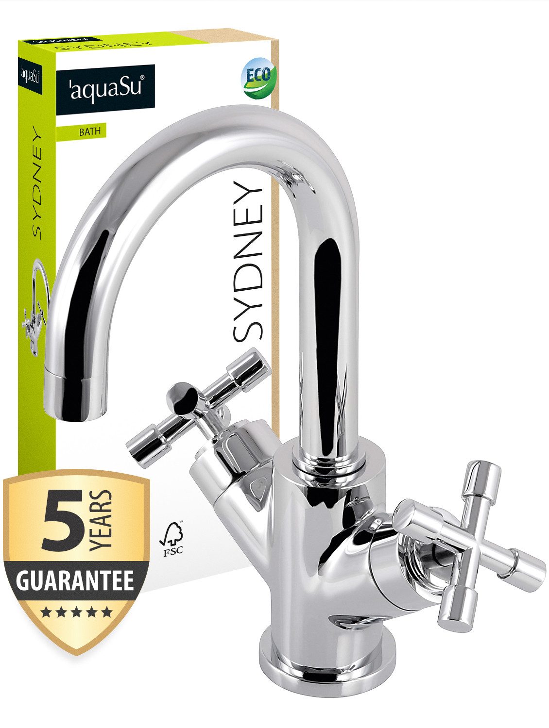 aquaSu Waschtischarmatur Sydney Zweigriffmischer, Vintage, Wasserspar-Mischdüse, Chrom