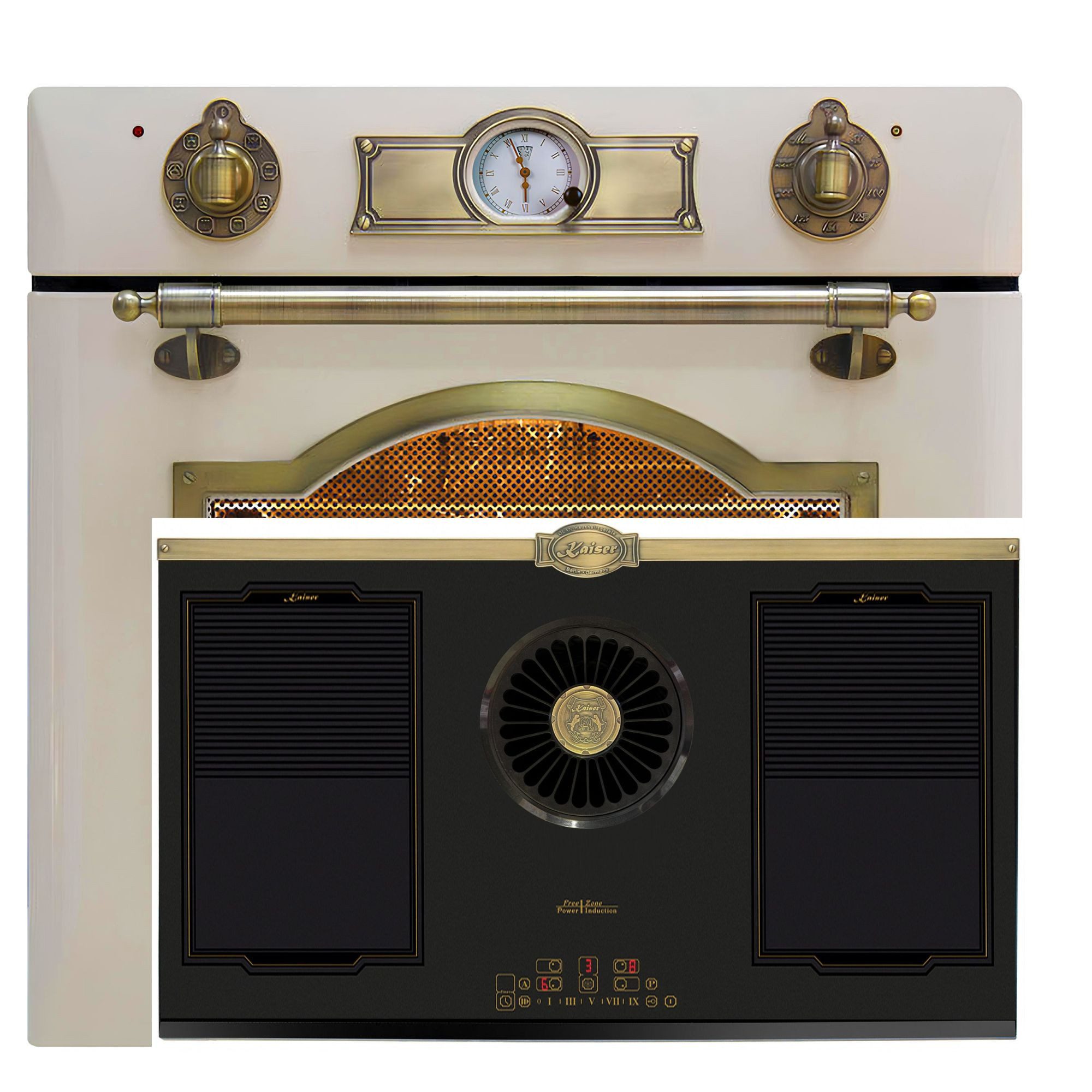 Kaiser Küchengeräte Backofen-Set Herd Set Autark Elektro,Retro, Autark, 60cm, 67L, 8 Funktionen,Elfenbein+Einbau-Induktionskochfeld mit integriertem Dunstabzug 1250 m³/h, Retro Empire-Design in Bronze EH 6355 ElfEm+KCT 9362 IEm, mit 1-fach-Teleskopauszug