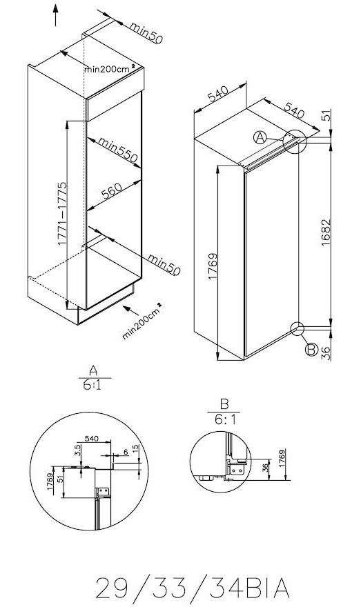 cm 176,9 cm hoch, Candy 54 breit CFBO3550E/N, Einbaukühlschrank