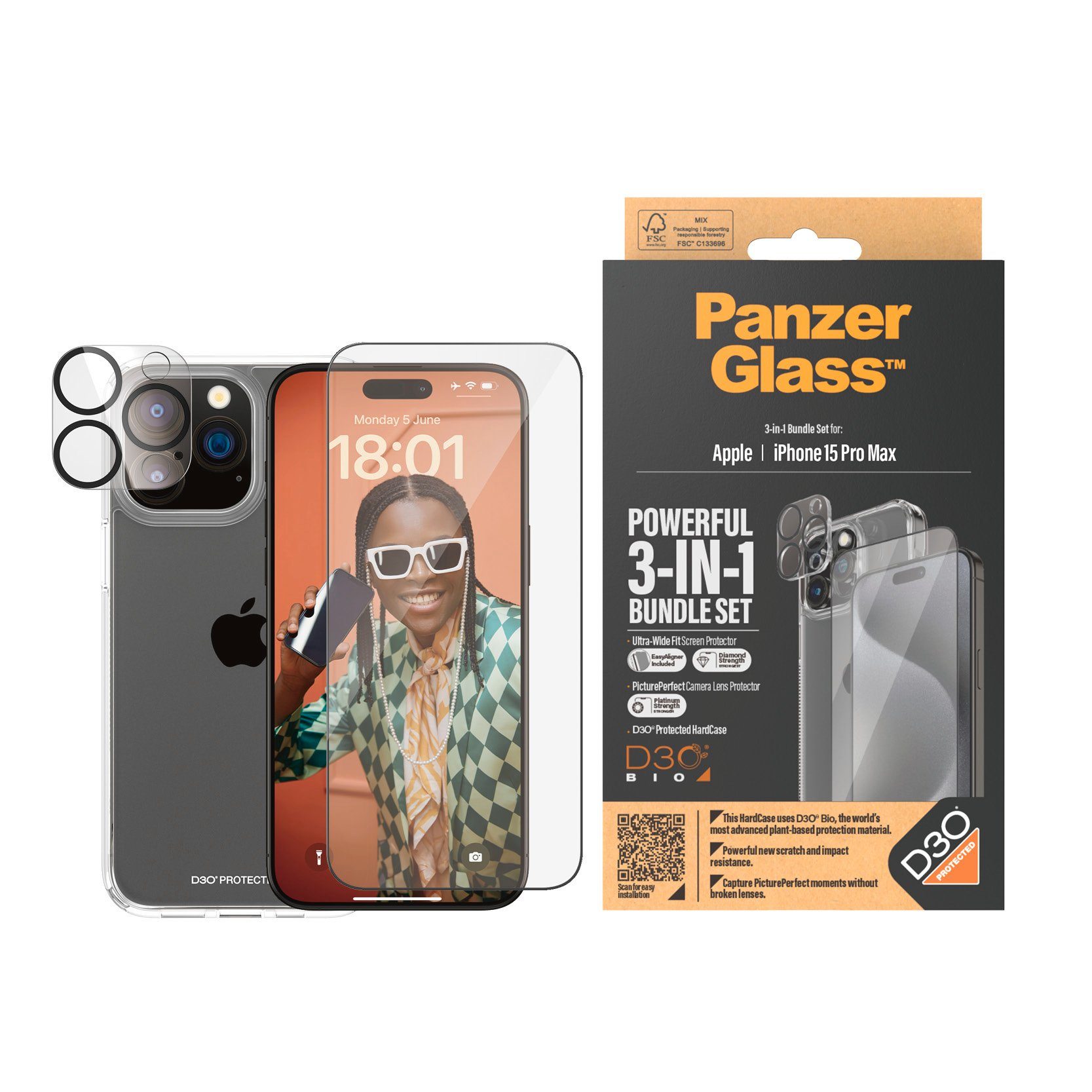 PanzerGlass 3-in-1 Bundle Pack für Apple iPhone 15 Pro Max, Displayschutzglas, Displayschutzfolie, Bildschirmschutz, Schutzglas, kratz- & stoßfest