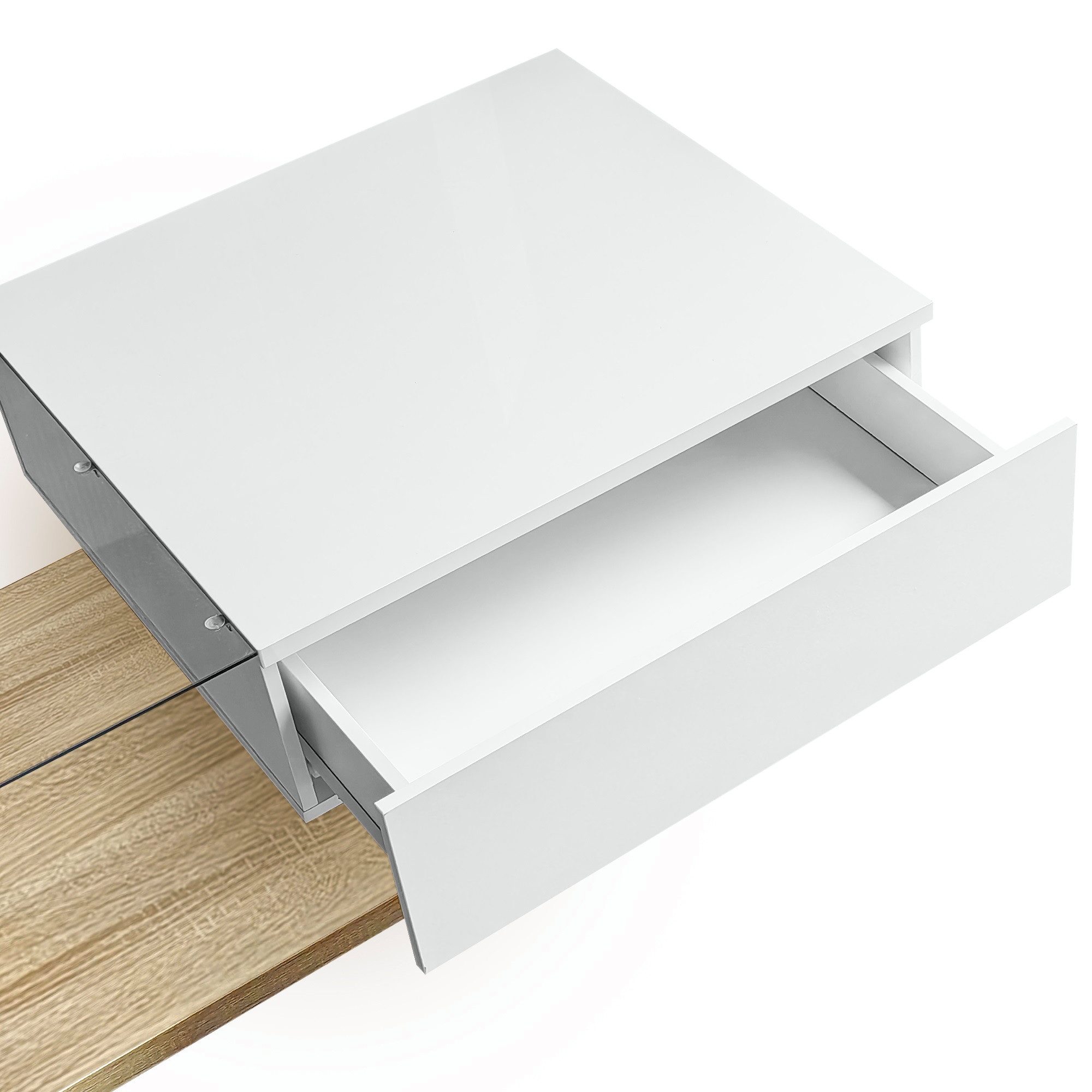 STILVORA Couchtisch Hochglanz-Beistelltisch Kaffeetisch Sofatisch mit Glas und LED-Effekt (Wohnzimmertisch, 1-St., 105*55*32,5cm), mit Glastischplatte, Schublade und 16-farbigen variablen LED-Leuchten
