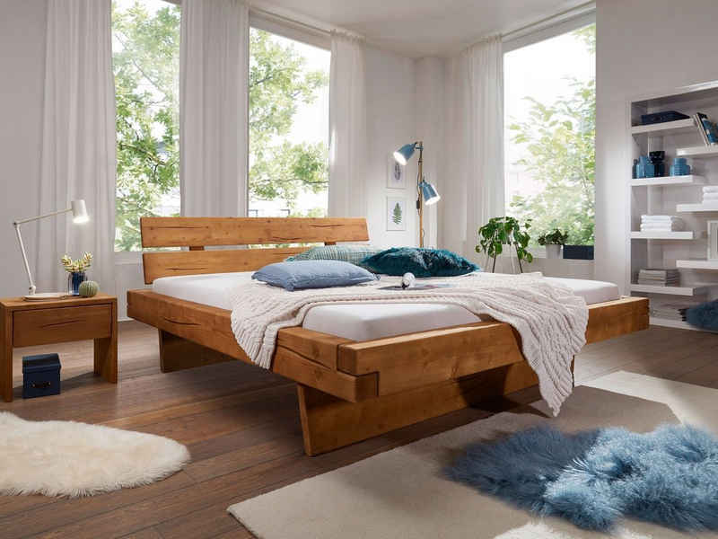 Junado® Holzbett Bennet, massives Fichtenholz, honigfarben, Balkenbett, in verschieden Größen bestellbar, mit und ohne Bettkasten wählbar, Industrial-Stil