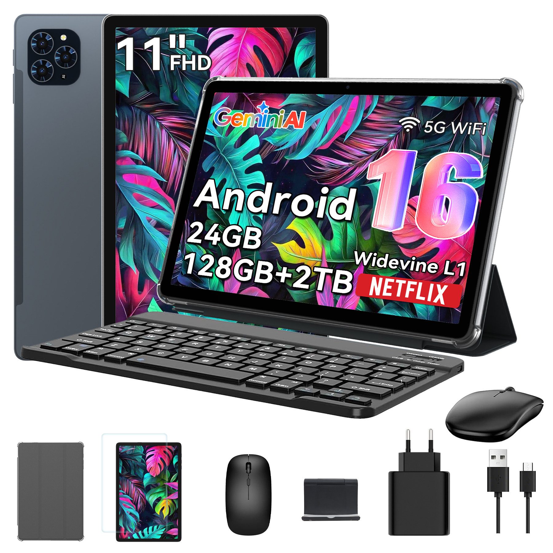 TABWEE 11" FHD Android 16 WiFi mit Tastatur/Maus/Hülle Tablet (11", 128 GB, Android16, Android 16, FHD Display, KI-Unterstützung, mit Zubehör)