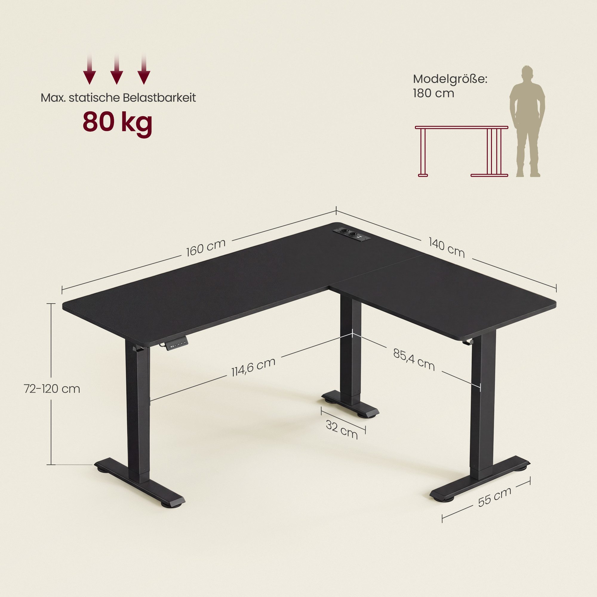 VASAGLE Schreibtisch Höhenverstellbarer Schreibtisch elektrisch (L-förmiger Eckschreibtisch), mit Ladestation, 160 cm, Memory-Funktion mit 2 Höhen