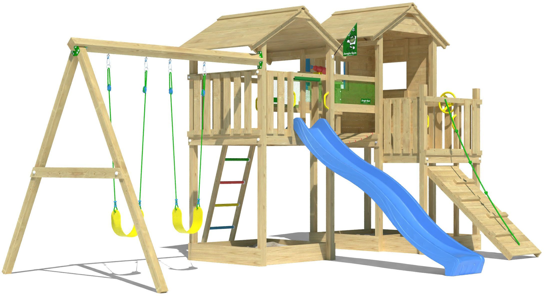 Jungle Gym Spielturm Stronghold, Spielanlage mit 2 Türmen, Schaukel und Rutsche mit Wasseranschluss