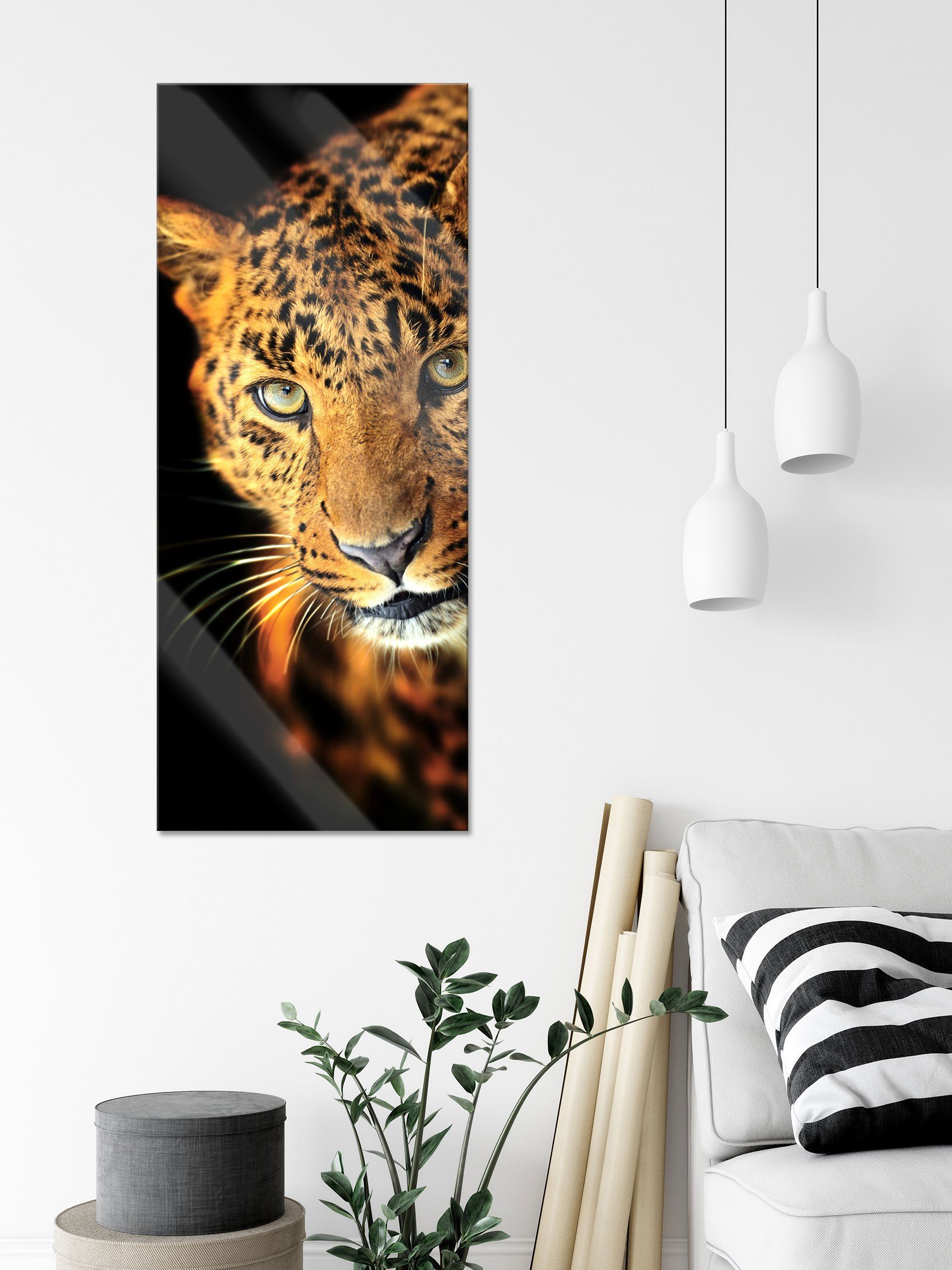 Abstandshalter Anmutiger St), Leopard und Aufhängungen Glasbild Glasbild aus Leopard, inkl. (1 Anmutiger Echtglas, Pixxprint