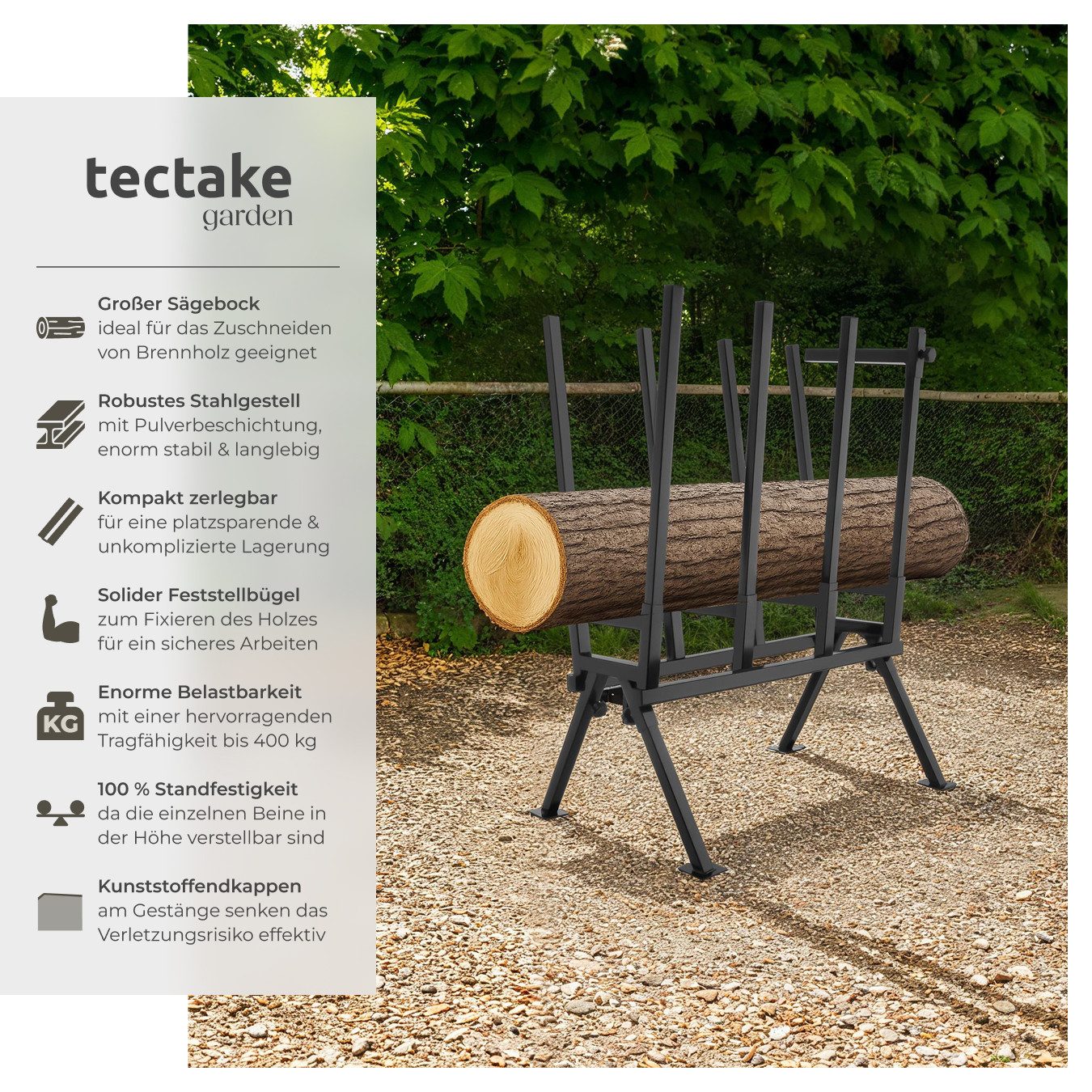 tectake Klappbock Holzsägebock 76 x 53 x 102 cm aus lackiertem Stahl, zerlegbar, (Kettensägebock, in schwarz), Feststellbügel, höhenverstellbare Füße, Belastbarkeit 400 kg