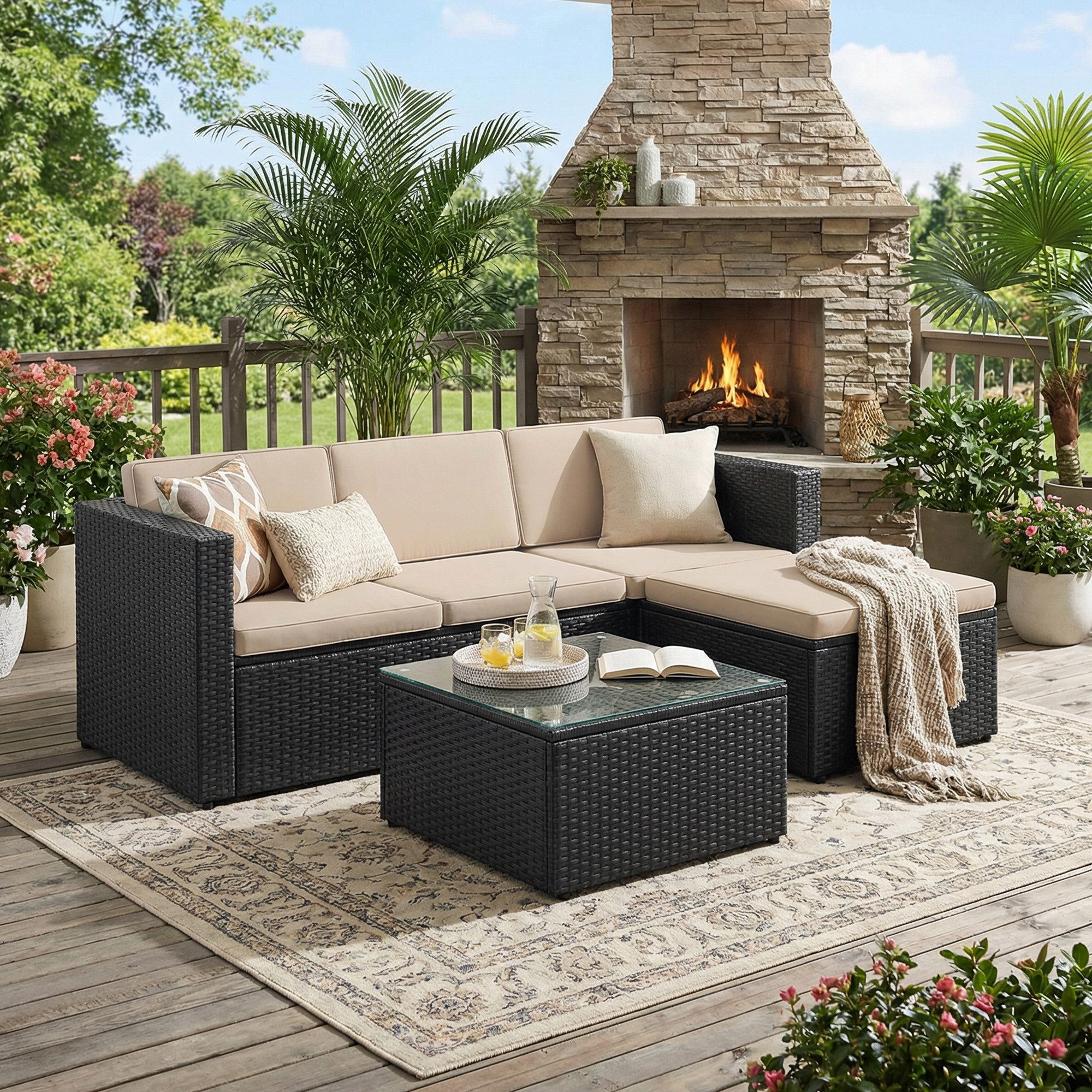 SONGMICS Gartenlounge-Set, (5-tlg., 1 Ecksofa, 1 Hocker, 1 Couchtisch, 7 Kissen), Gartenmöbel Set, Balkonmöbel, handgeflochtenes Rattan
