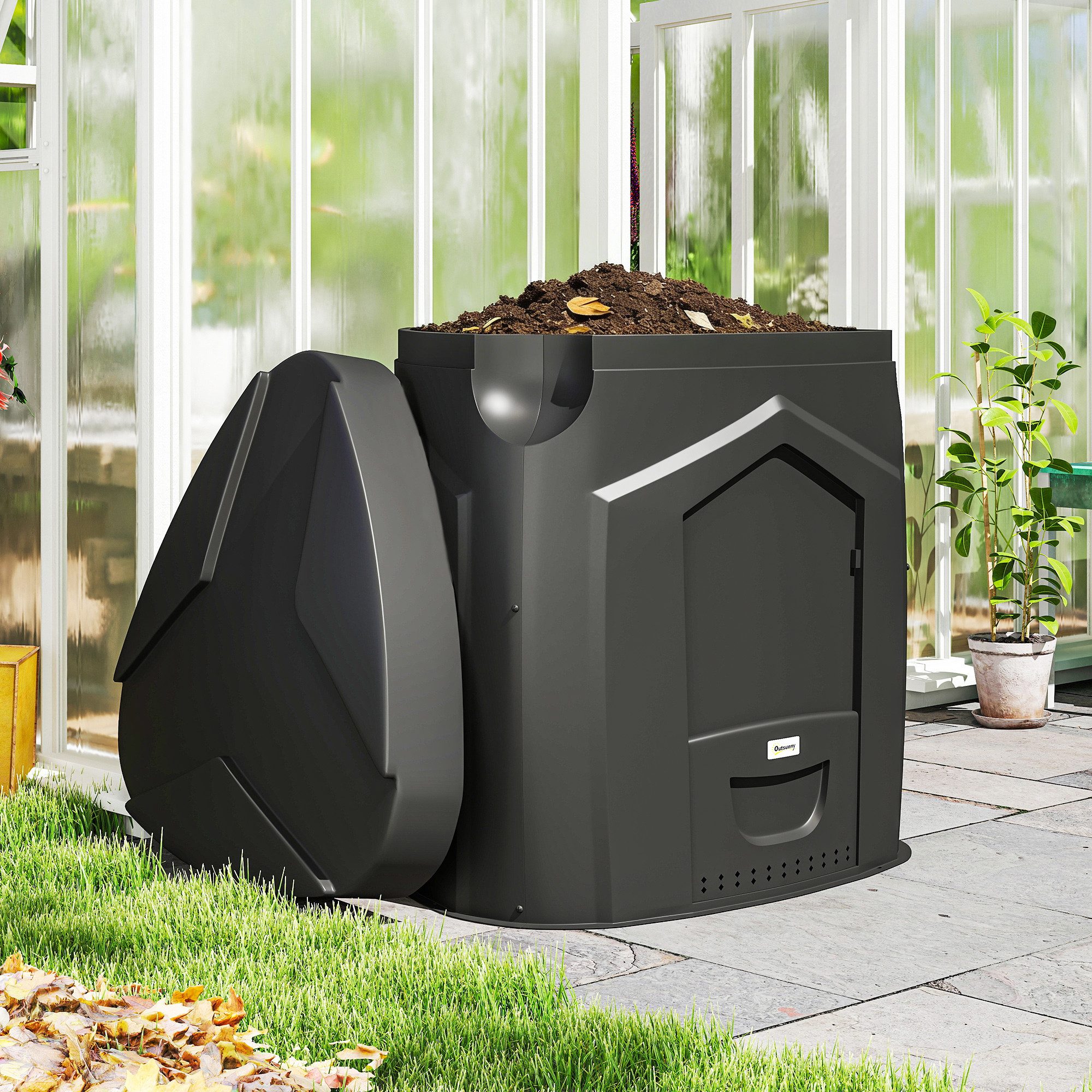 Outsunny Komposter Garten Behälter mit offenem Boden, inklusive Handschuhe, Schwarz, BxTxH: 78x75x78 cm, 240 l, (Thermokomposter, 1 St., Starter-Kit mit Zubehör), Dreieckige Form, 3 Türen, 66 Lüftungslöcher