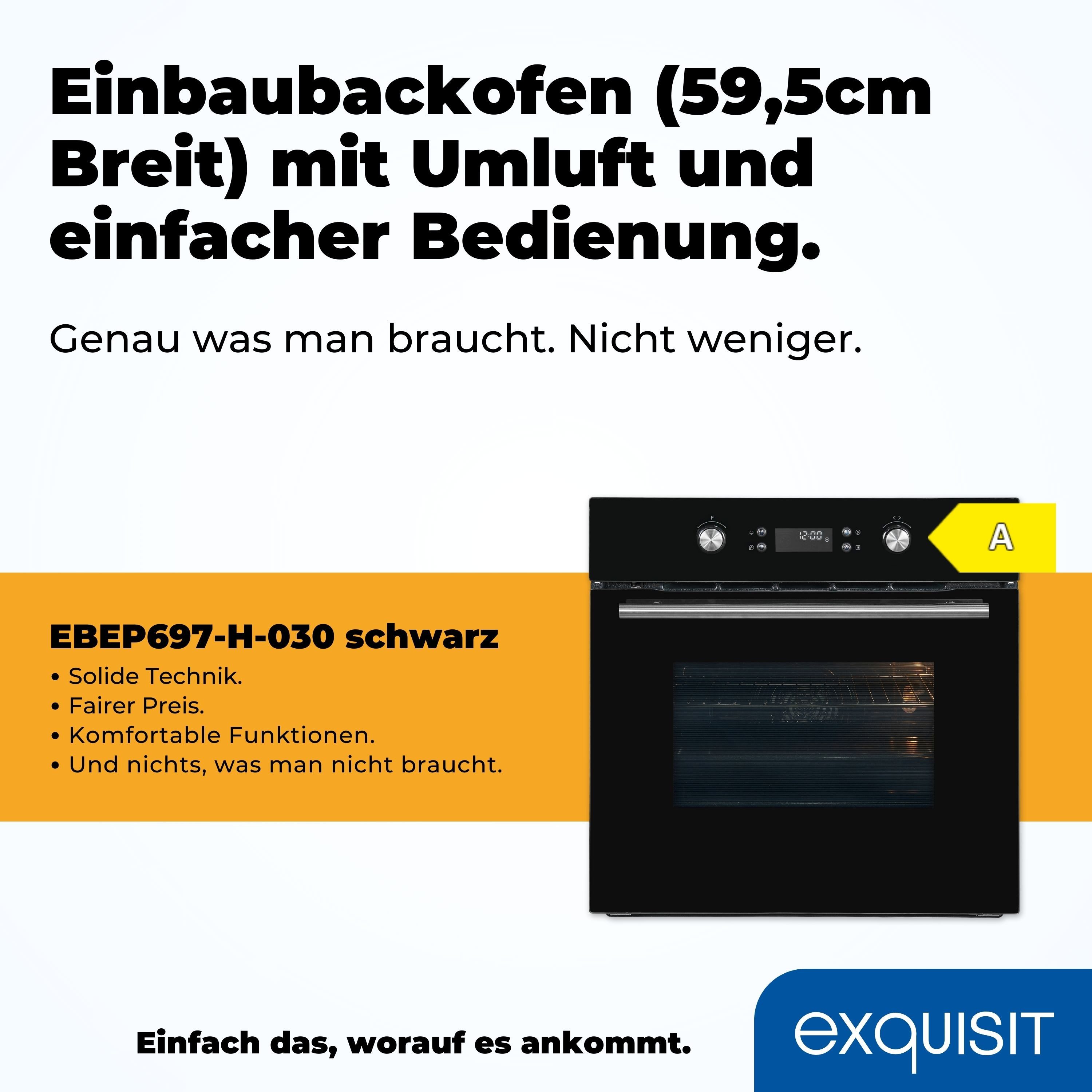 exquisit Einbaubackofen EBEP697-H-030, Pyrolyse-Selbstreinigung, Eco-Funktion, 4-fach-verglaste Tür, versenkbare Knebel