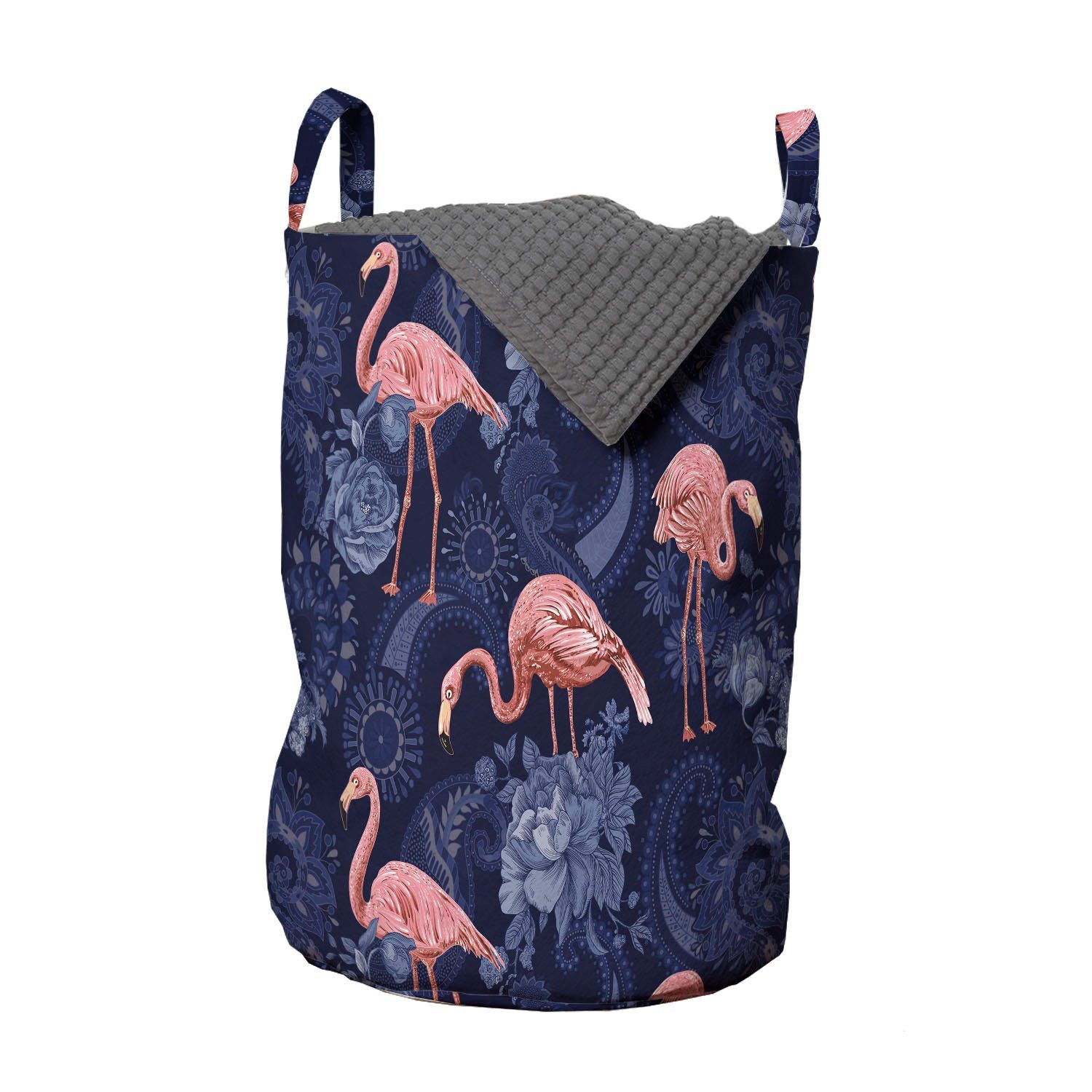 Abakuhaus Wäschesäckchen Wäschekorb mit Griffen Kordelzugverschluss für Waschsalons, Jacobean Exotische Blumen Flamingo