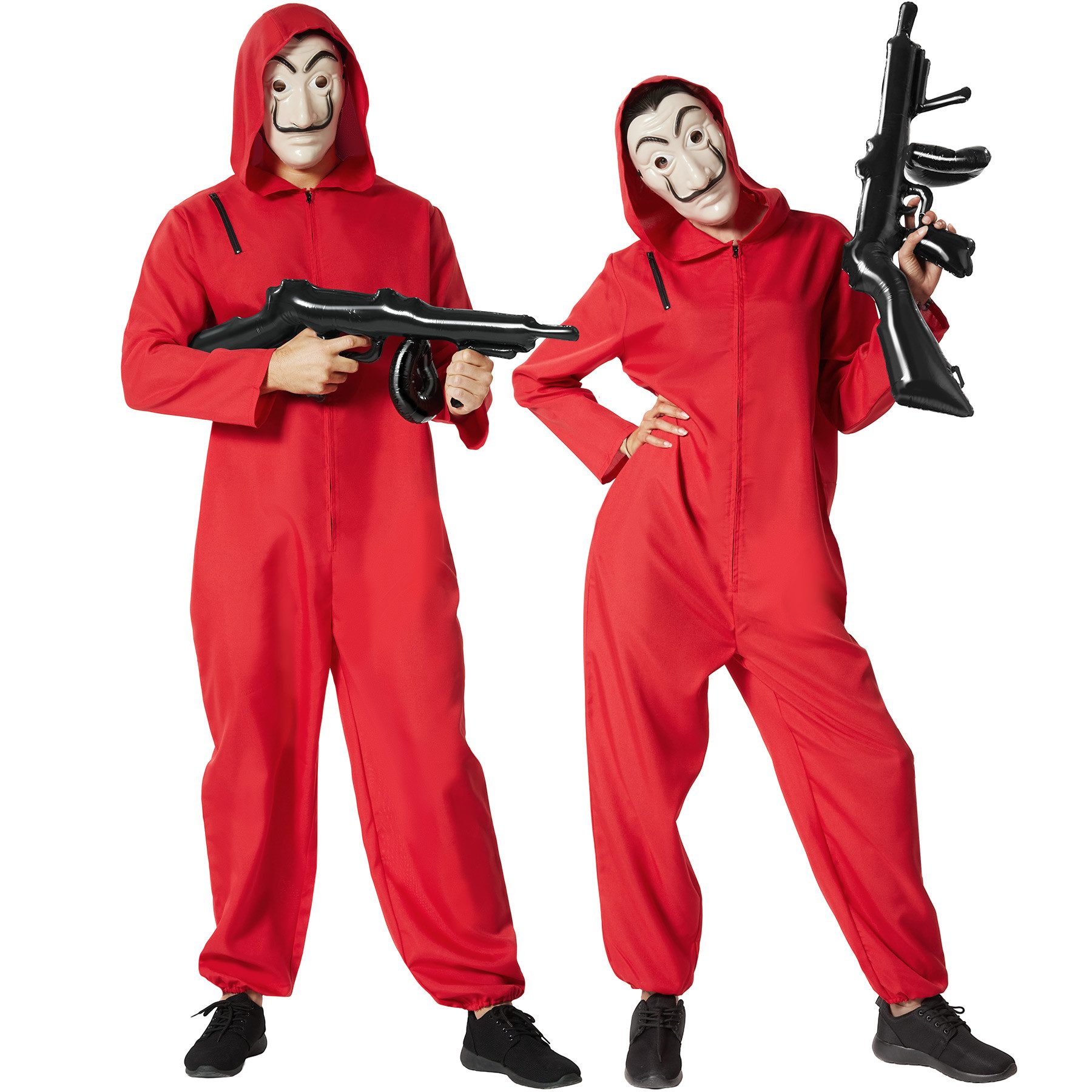 dressforfun Kostüm Unisexkostüm, Roter Overall mit ikonischer Maske und Gewehr (aufblasbar).