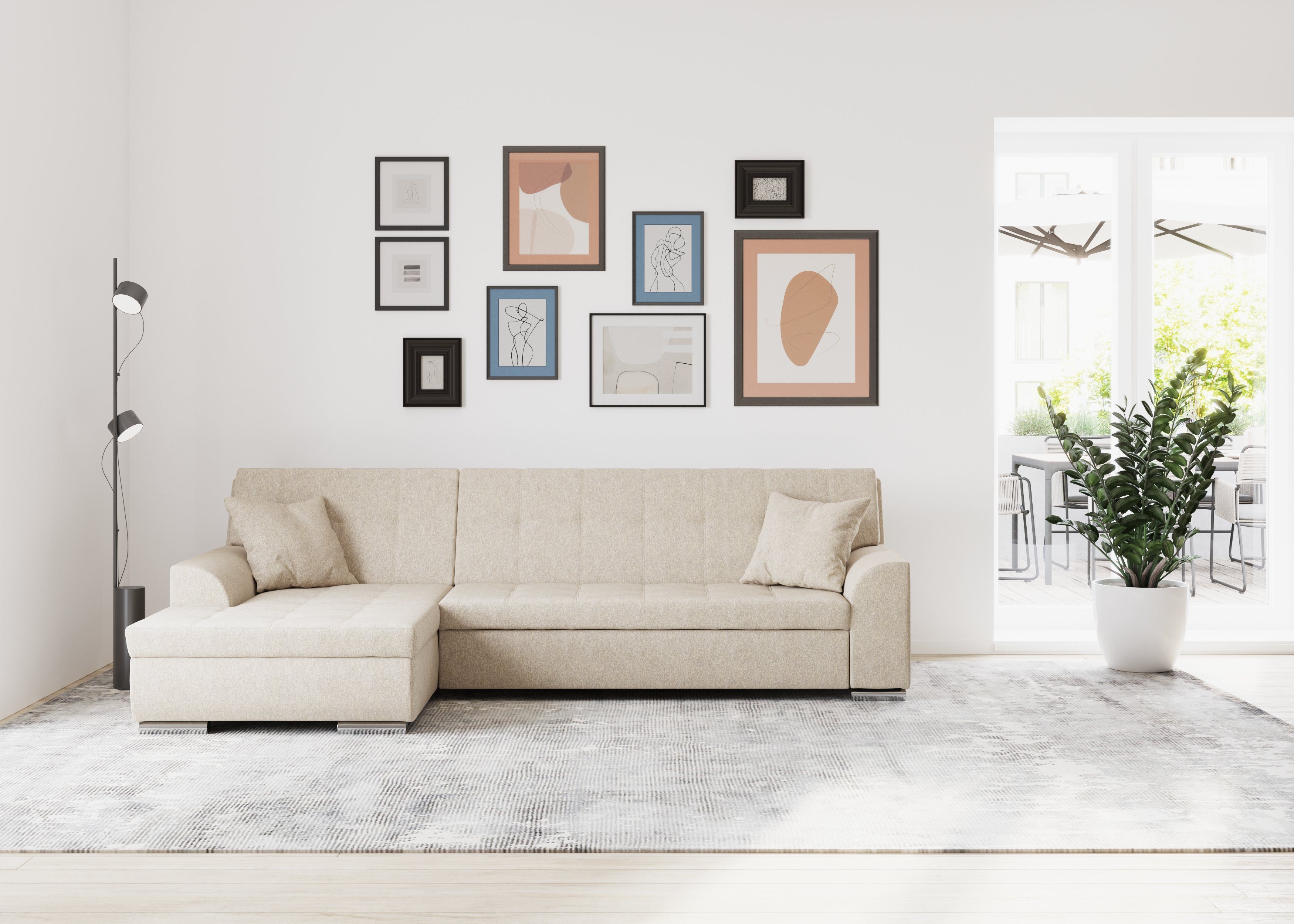 DOMO collection Ecksofa Treviso viele Bezüge, auch in Cord, L-Form, B/T/H: 267/80/83 cm, wahlw. mit Bettfunktion, inkl. Zierkissen, Unser Dauertiefpreis