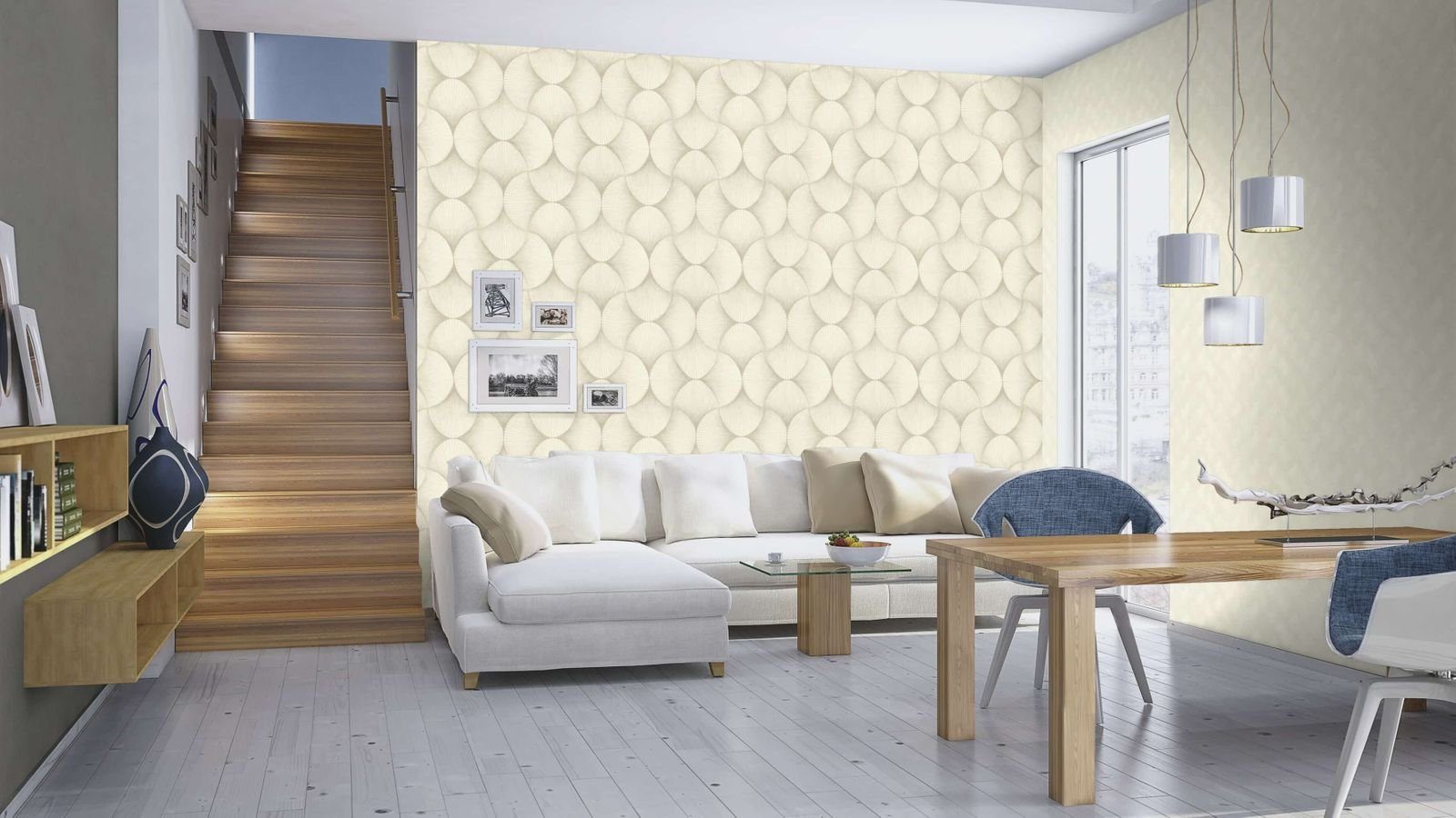 Vliestapete 3D-Effekt Grafik Art Deco Creme Metallic 608229 Sky Lounge