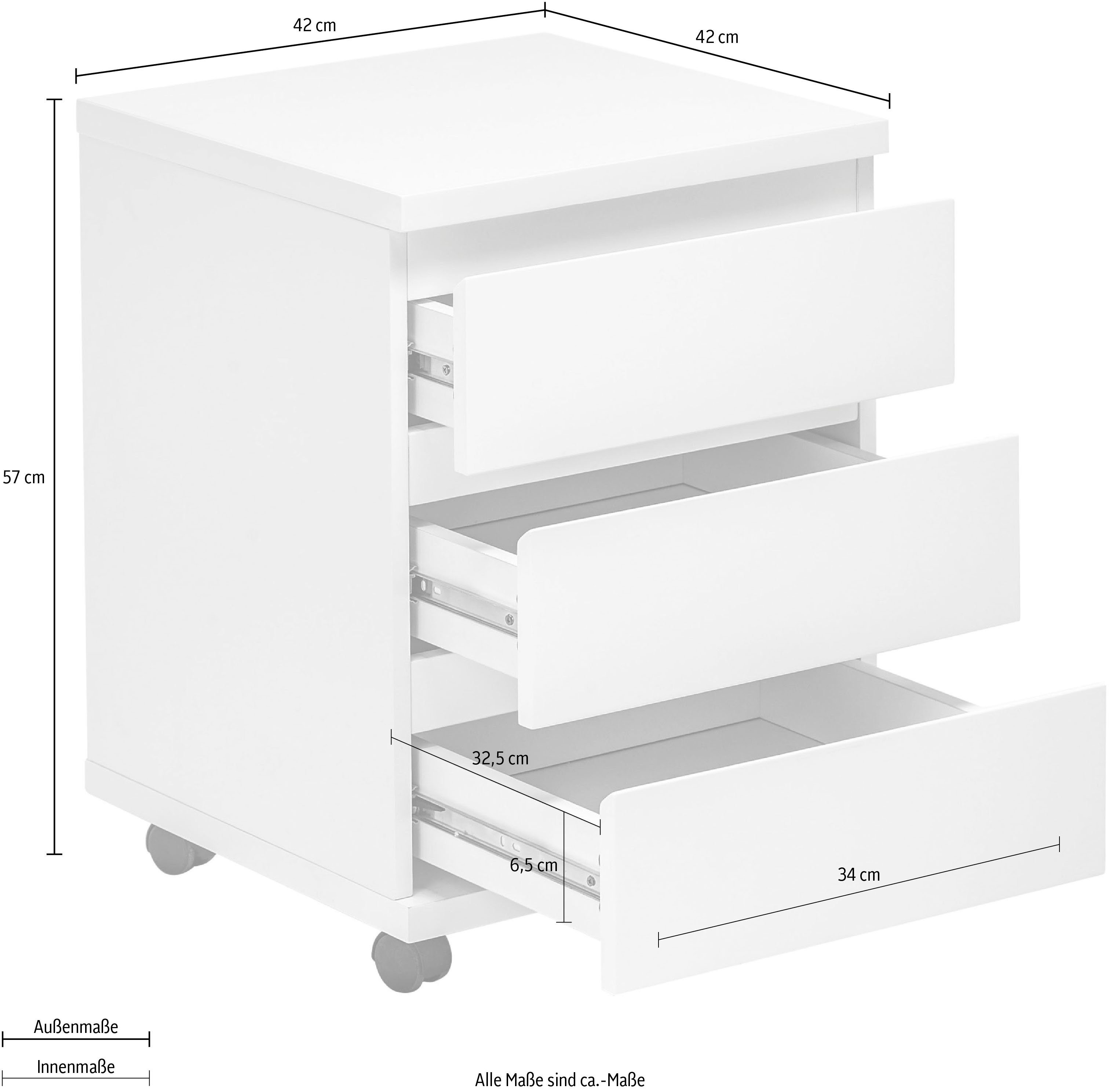 Büroschrank MCA weiß Rollcontainer RC, rollbar, hochglanz furniture