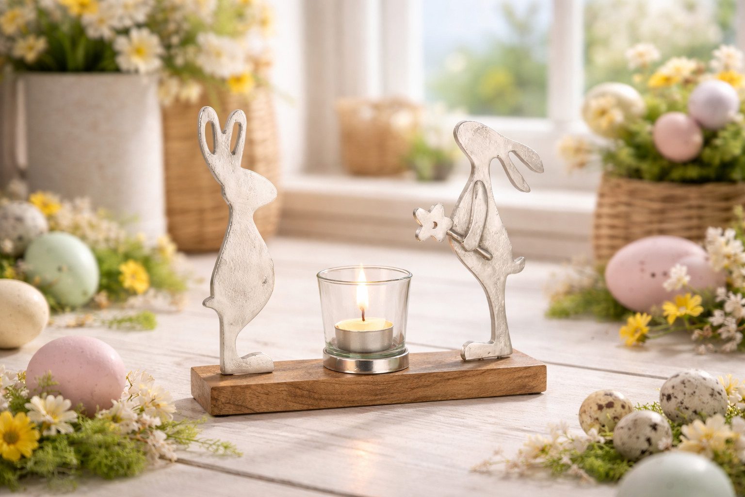MF Teelichthalter Teelichthalter Osterhasen – Mangobaum und Metall, Silberfarben Ostern