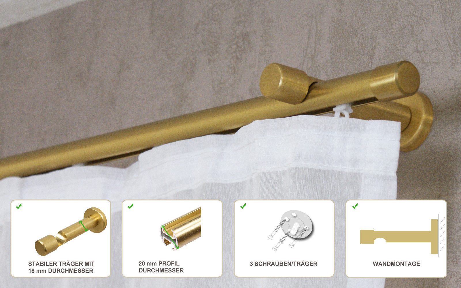 iso-design Gardinenstange Innenlauf 20 mm 1-läufig Endstück Kappe Wandabstand 8 cm, Ø 20 mm, 1-läufig, Fixmaß, Wandmontage, Aluminium, Innenlaufprofil mit Metallsäge kürzbar