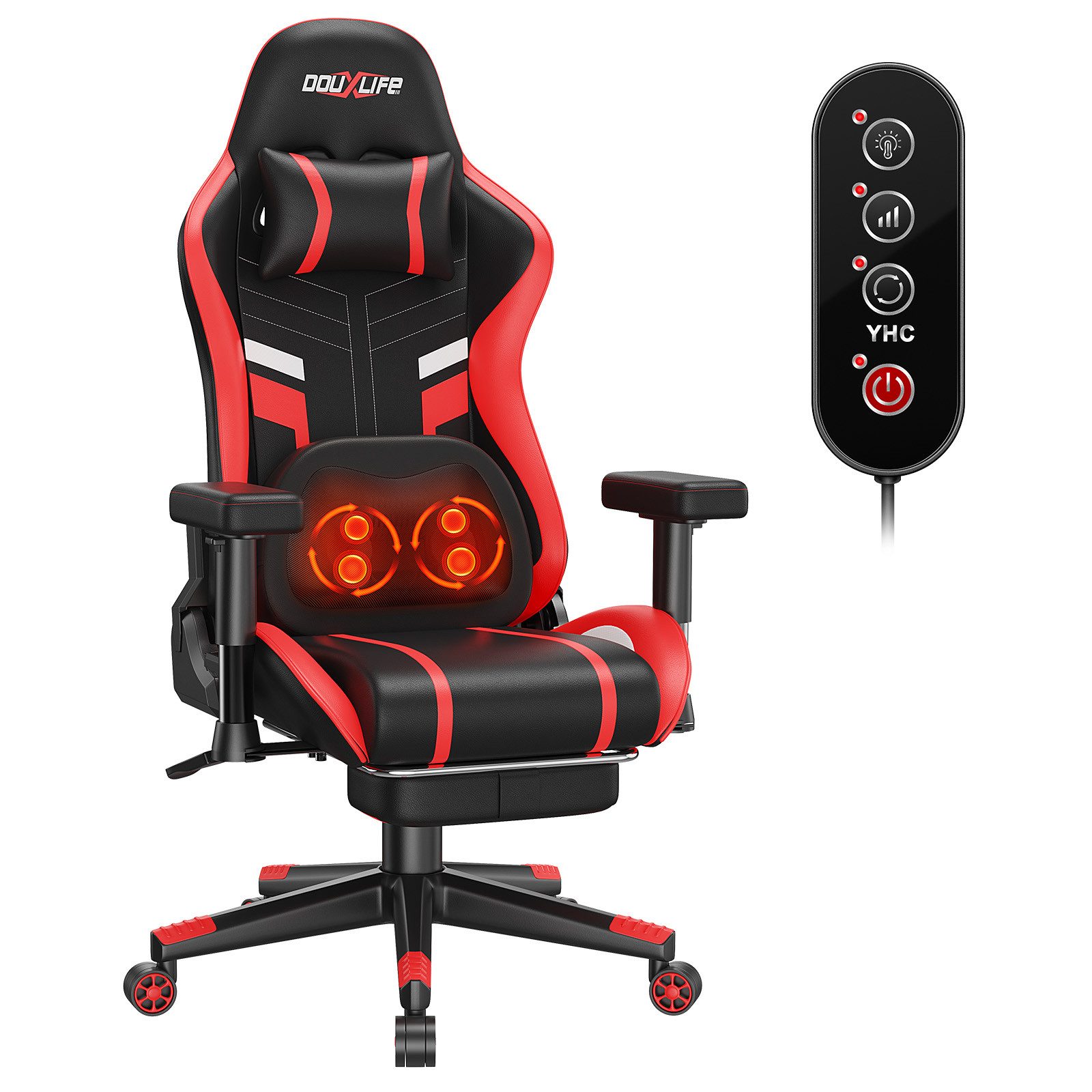 Insma Gaming-Stuhl Ergonomisch Bürostühle mit Knet-&Heizmassage, Wippfunktion bis zu 175°, Computer-Stuhl mit Lenden- & Kopfkissen, 181kg Belastbarkeit