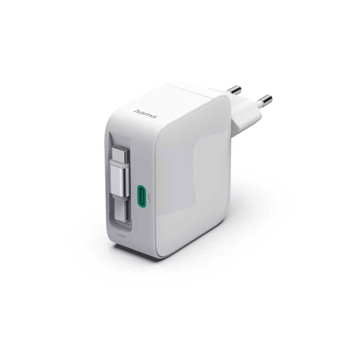 Hama Schnellladegerät mit ausziehbarem Ladekabel, 2x USB-C, 65 W, Weiß Schnelllade-Gerät (Power Delivery, Fast Charge, GaN-Technologie, USB-C-Kabel integriert)