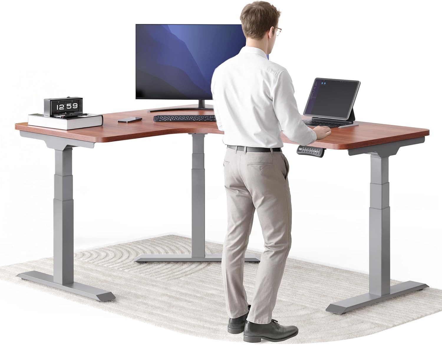 DESKSPACE Eckschreibtisch Eck Steh-Sitz Schreibtisch elektrisch verstellbar mit Speicherfunktion, ergonomisches Steh-Sitz-System, leiser Motor unter 50 dB