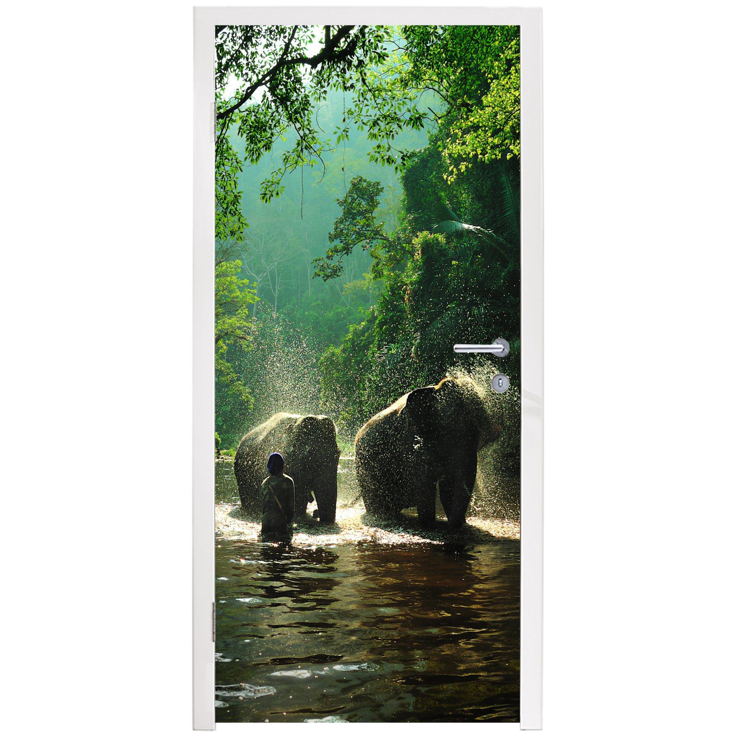 MuchoWow Türtapete für - - 75x205 bedruckt, Tür, Wasser Elefant - Fototapete - Tiere, Grün (1 Türaufkleber, Bäume Matt, St), cm