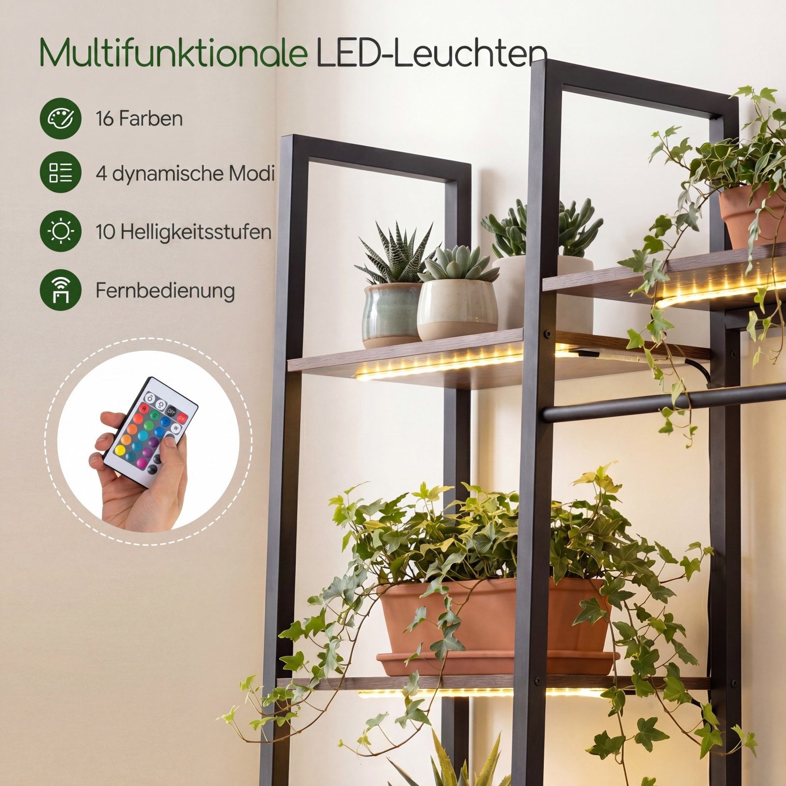 COSTWAY Blumenständer, Holz & Metall, mit Licht Pflanzenständer Balkon 10 Ebenen
