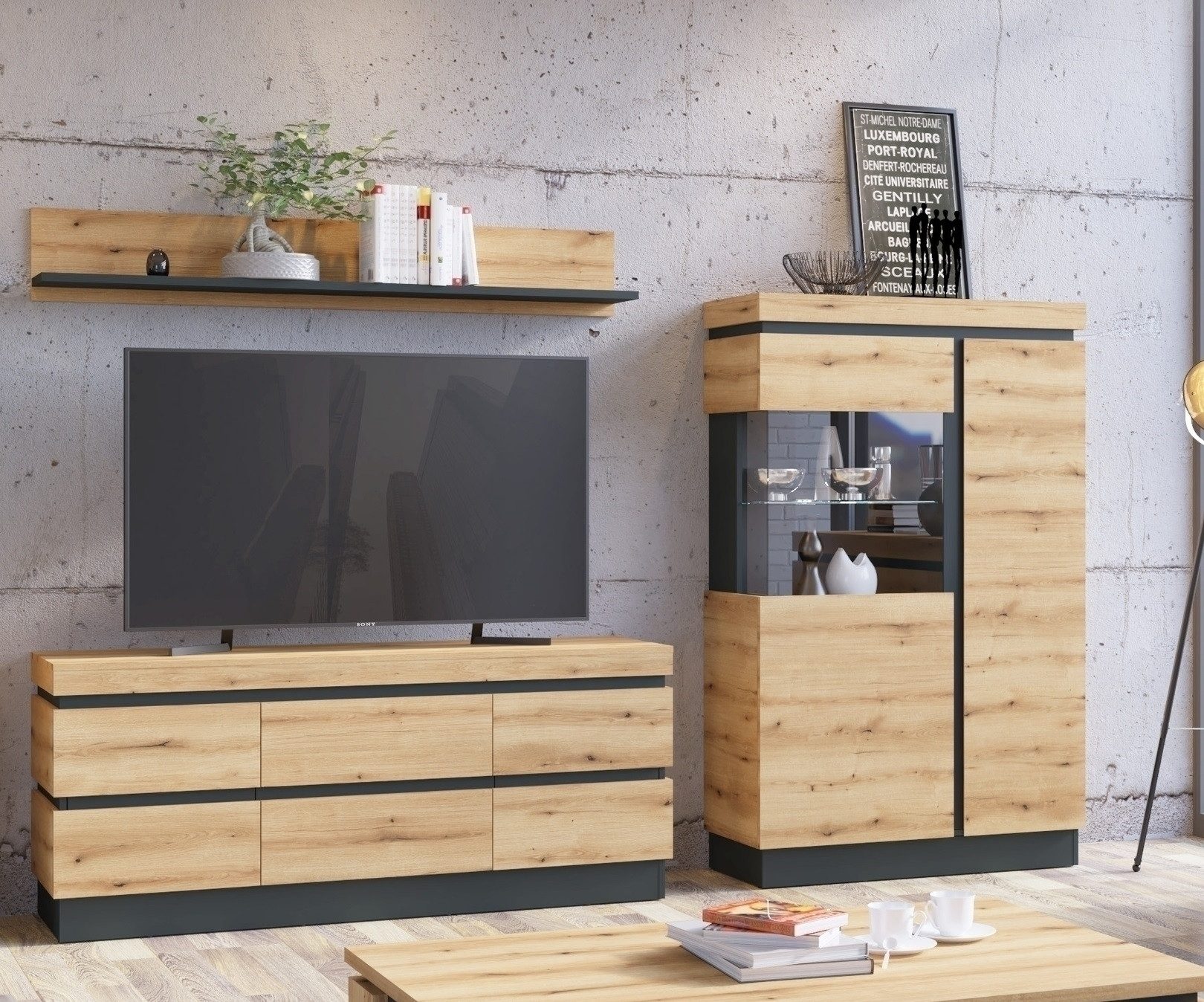 Meble Wójcik Wohnwand (3-teilig) in Coast Evoke Eiche Dekor - 265x165x45 (BxHxT), (3-teilig)