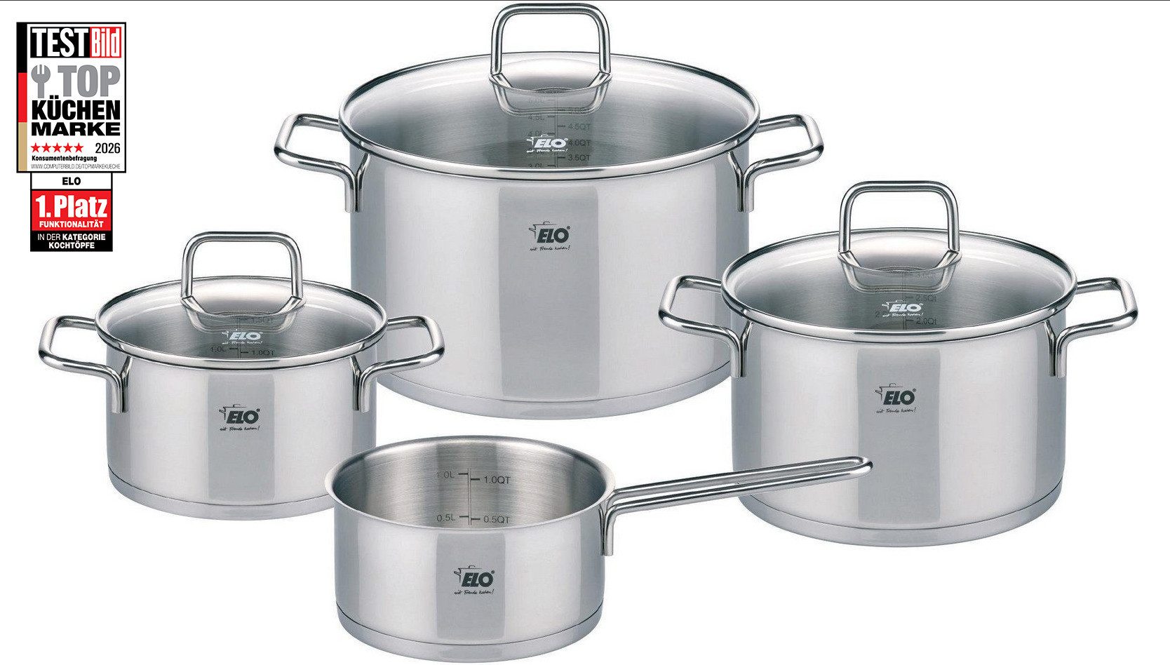 Elo Topf-Set Citrin, Edelstahl (Set, 7-tlg., je 1 Fleischtopf Ø 16/20/24 cm, 1x Stielkasserolle Ø 16 cm), Induktion