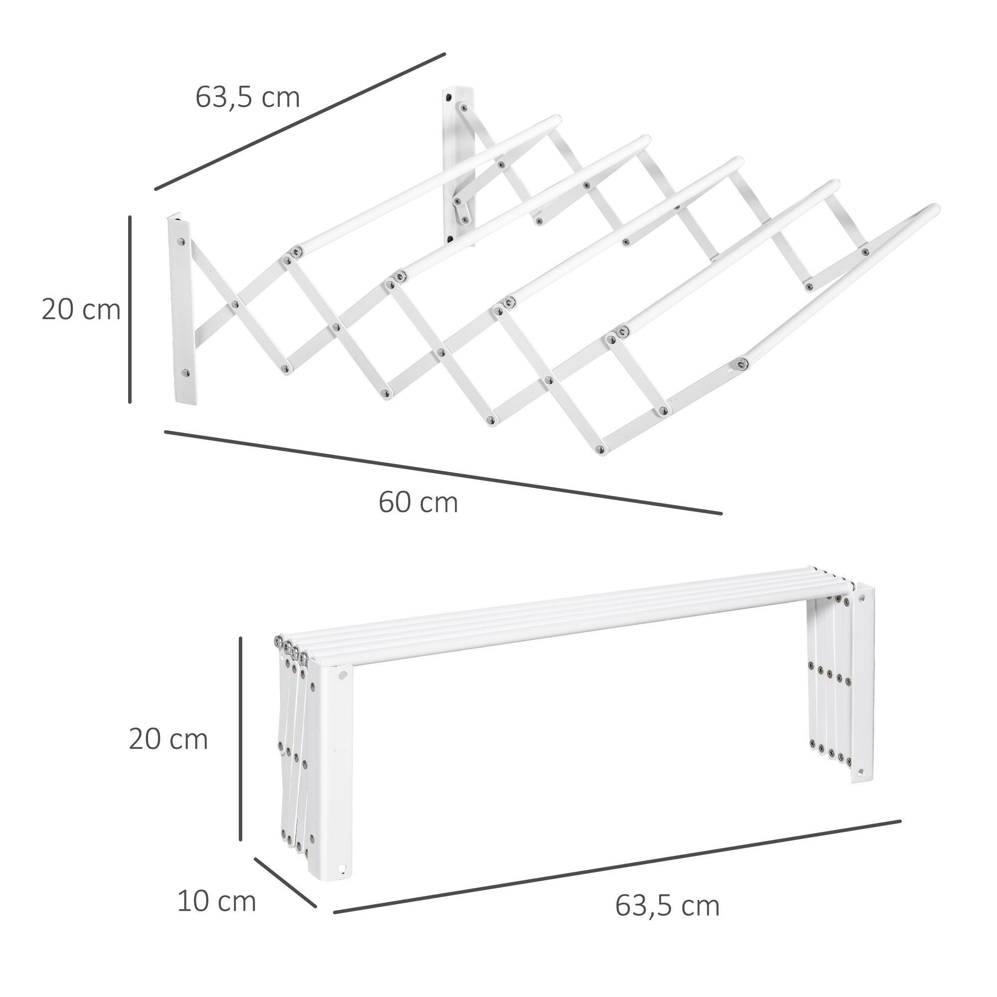 HOMCOM Wäscheständer klappbar platzsparender Wäschereck für kleine Haushalte, Metall Weiß 63,5 x 60 x 20 cm