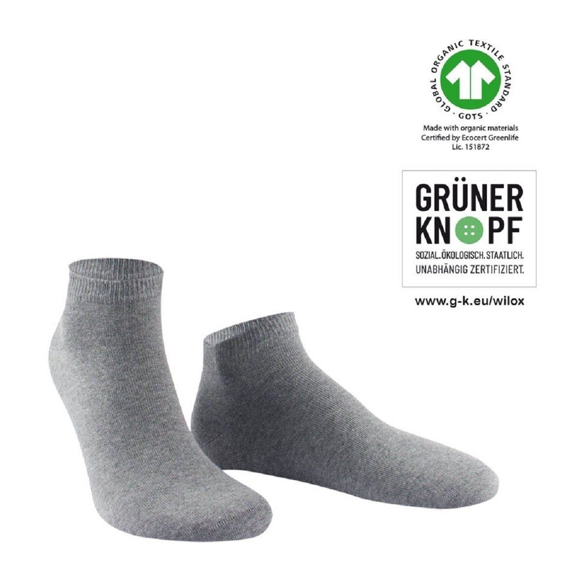 Wilox Kurzsocken Sneaker Socke aus Baumwolle Baumwolle Bio meliert BIO hautsympathischer (1-Paar) Grau