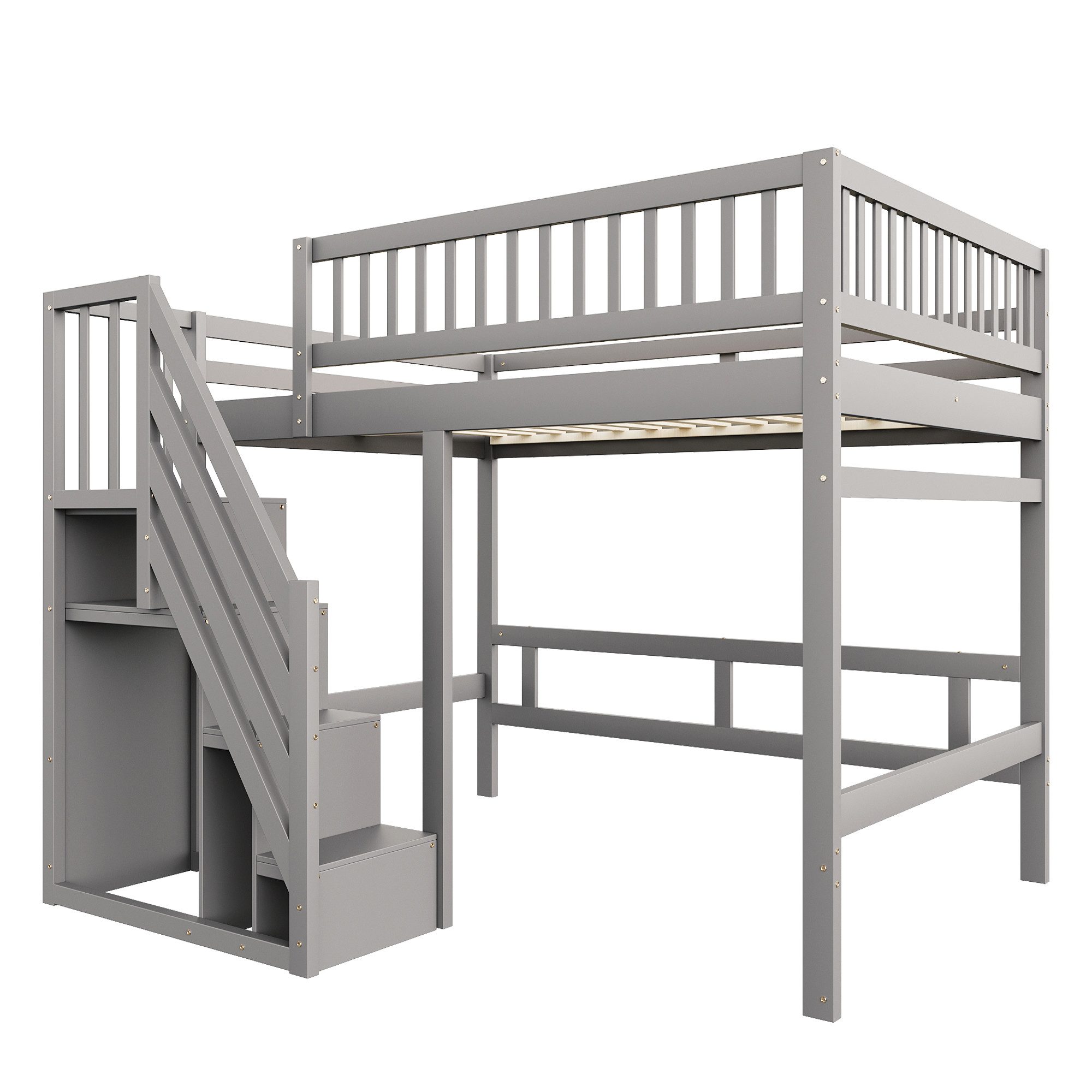 Merax Hochbett (Jugendbett mit Rausfallschutz und Lattenrost, 1-St) Etagenbett 140x200cm mit Treppe und Stauraum, Kiefernholz Kinderbett – Bild 5 von 5
