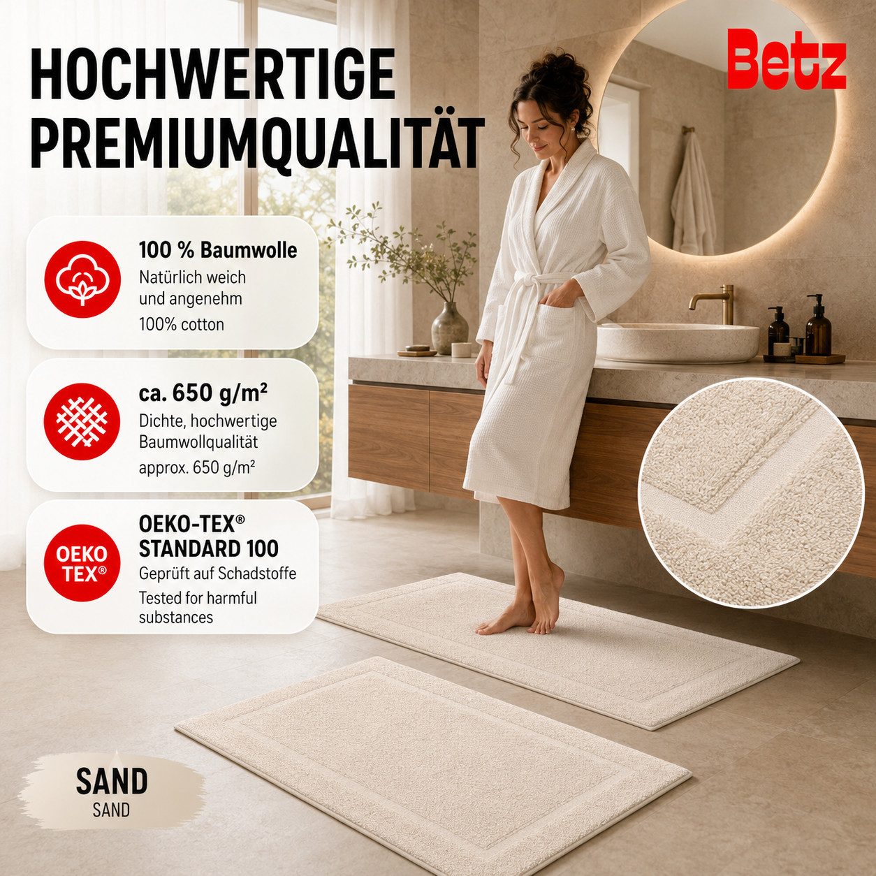 Betz Badematte 2 Stück Badvorleger Premium Badteppich Größe 50x70 cm, unbeschichtet, beidseitig nutzbar, beidseitig nutzbar, Baumwolle, Qualität 650g/m² – Bild 4 von 5