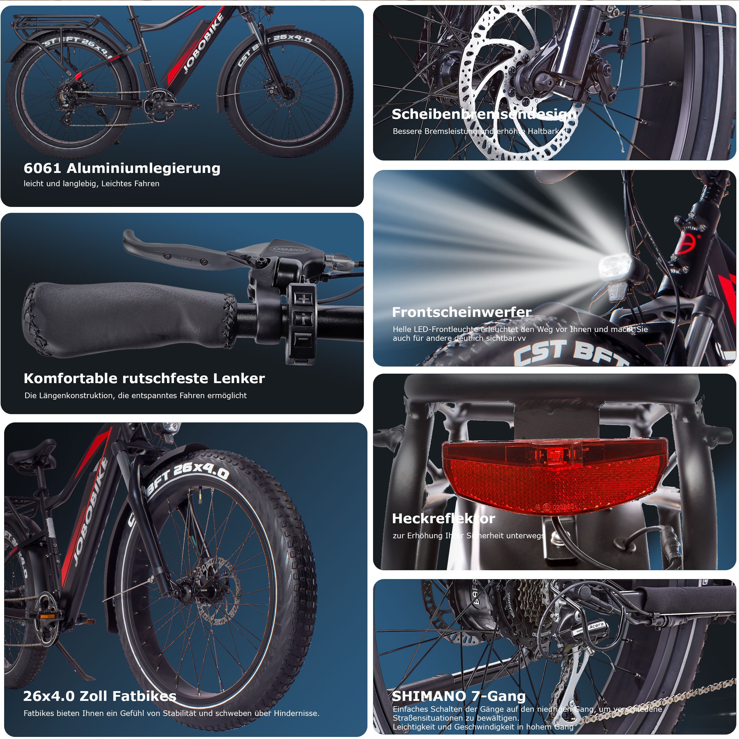 JOBOBIKE E-Bike Mountainbike 26 Zoll für Damen und Herren, 624 Wh, 80Nm, max. 130km, MTB Robin, Shimano, Kettenschaltung, Heckmotor, 624 Wh, (hydr. Scheibenbremse, mit 5 Stufen, Diamantrahmen, abnehmbarer Akku), 26x4'' Fat Tire MTB, max. 130 kg, Elektrofahrrad für 165-200cm