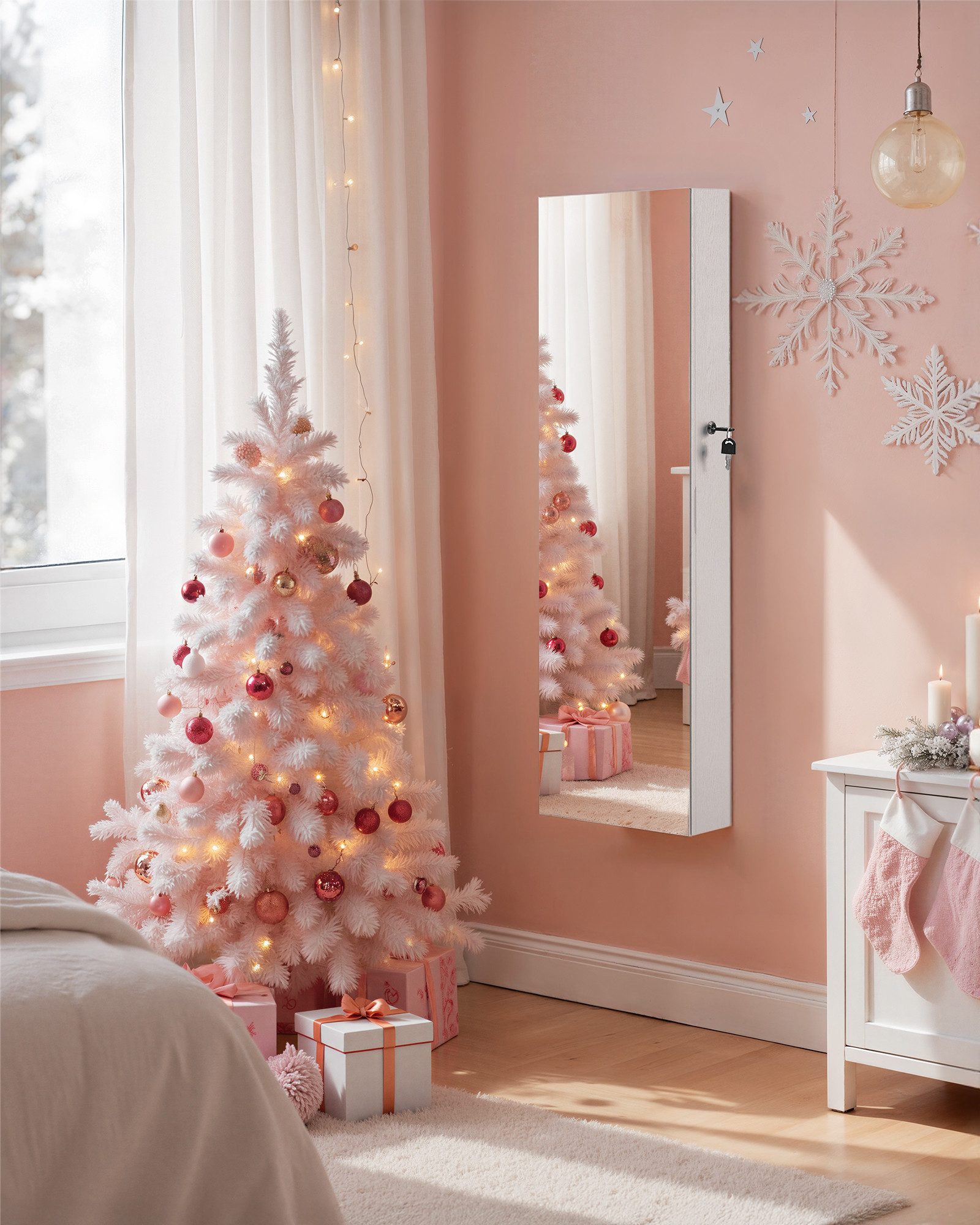 SONGMICS Schmuckschrank Spiegelschrank mit LED und Ganzkörperspiegel, weiß günstig online kaufen