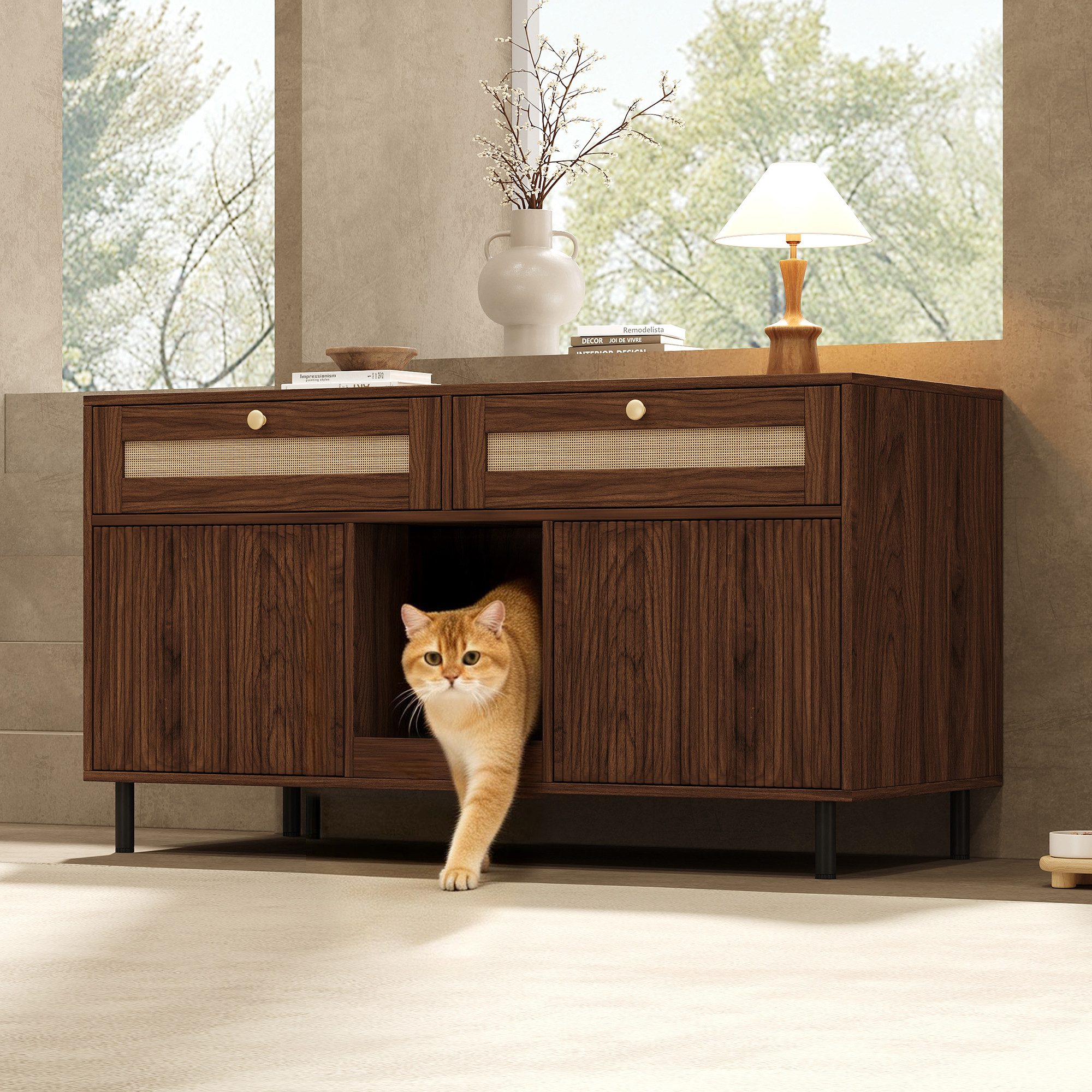 Flieks Mehrzweckschrank Katzentoilettenschrank mit Katzenstreufangmatte und Rattan-Schubladen (1-St., 120x50x65 cm) Katzenstreuwanne-Schrank Tierhaus Sideboard Walnussholzfarbe