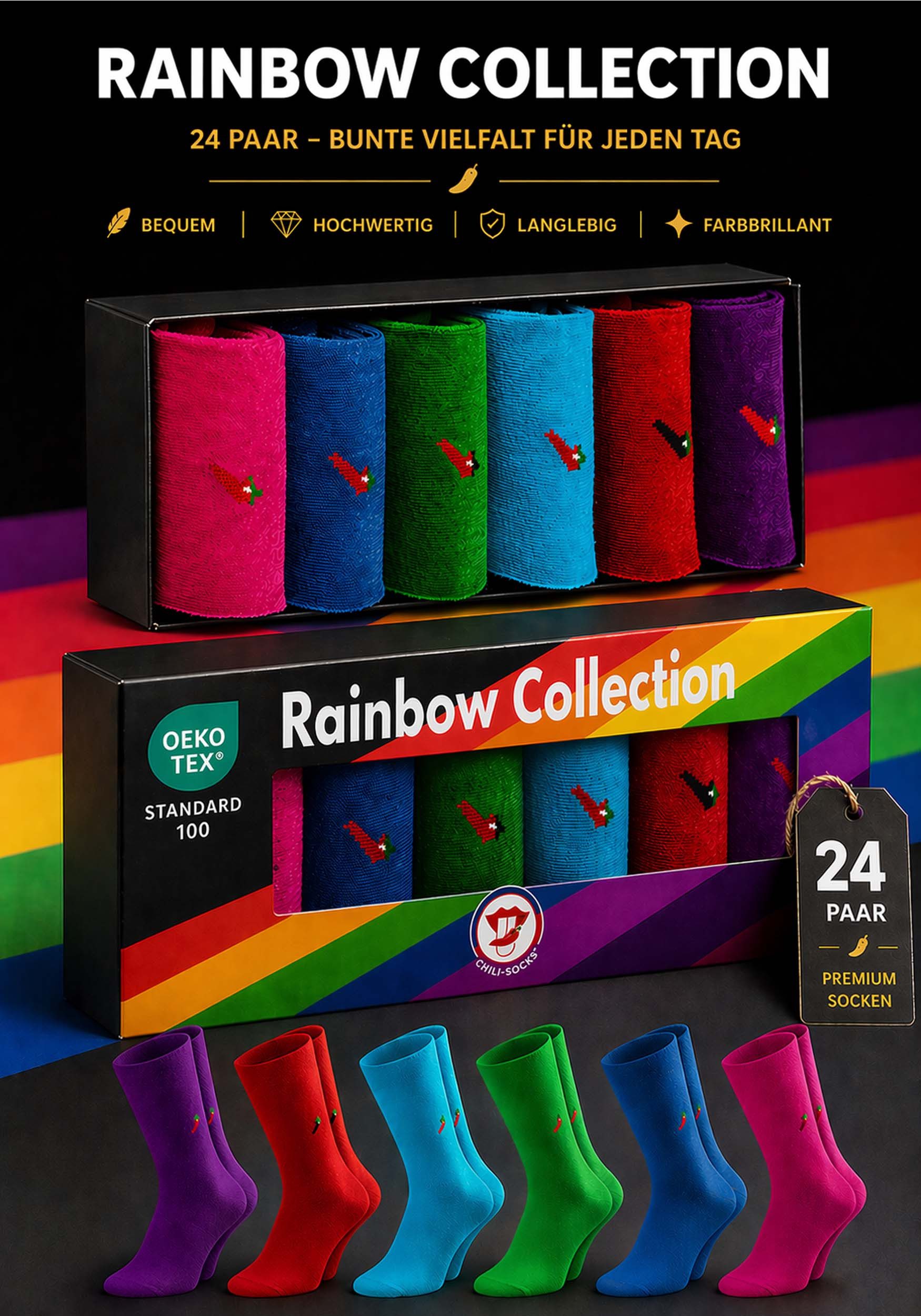 Chili Lifestyle Freizeitsocken LIMITED EDITION Rainbow Bunte Socken - Eyecatcher Farben aus Baumwolle (Multipack, 24-Paar, 6 Farben - Baumwollsocken) Weichbund ohne Gummidruck für Damen und Herren - Exklusive Geschenkbox