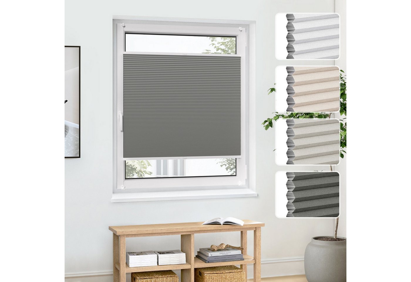 jalousiescout Wabenplissee Pure 45x90cm Grau Thermo Ohne Bohren Wärmeschutz/Hitzeschutz, verdunkelnd, ohne Bohren, klemmen, Klemmfix, Thermo Plissee Sonnen-, Sicht- und Hitzeschutz, für Fenster und Tür