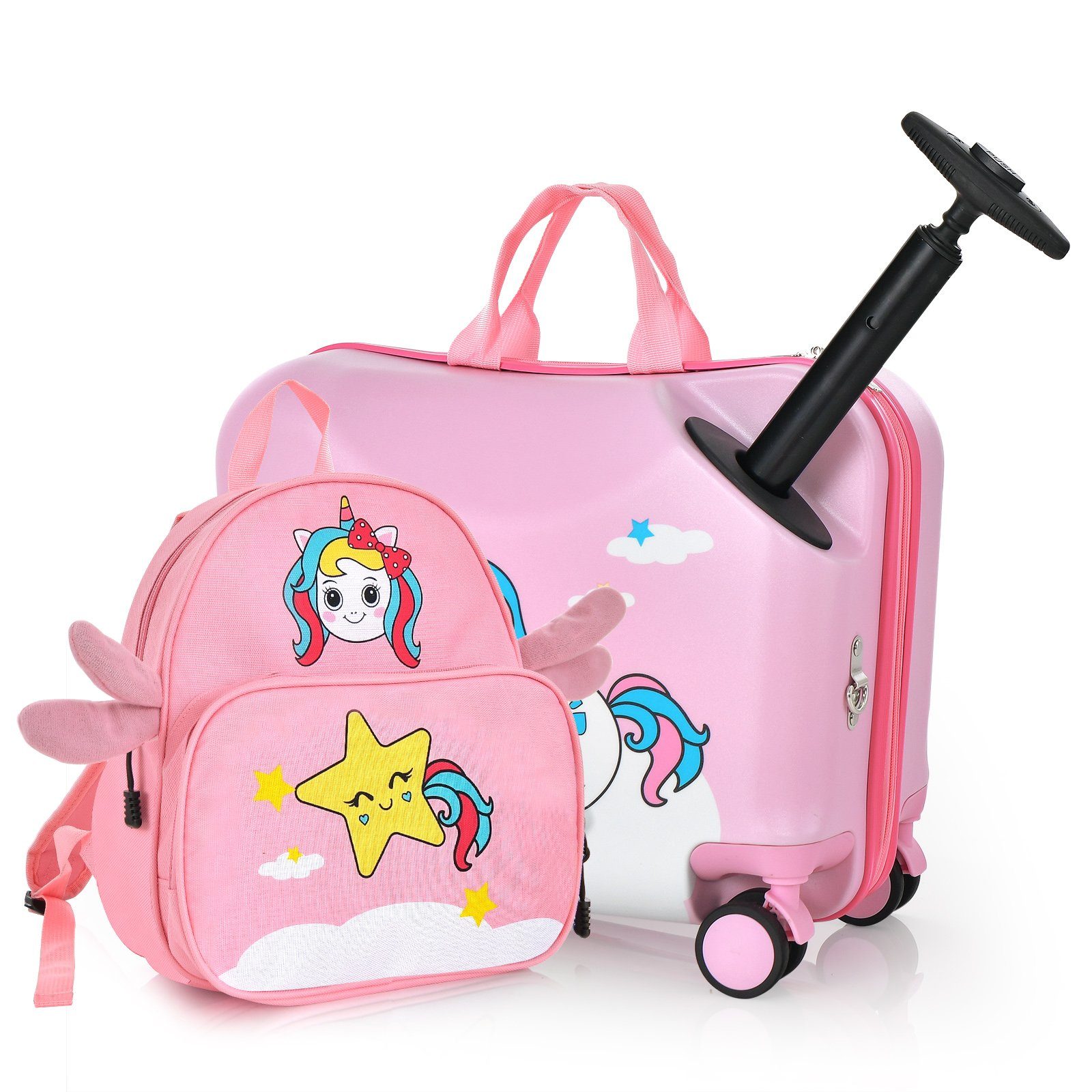 COSTWAY Kinderkoffer 12"+18" Kindertrolley, zum sitzen, mit 4 Rollen & Rucksack