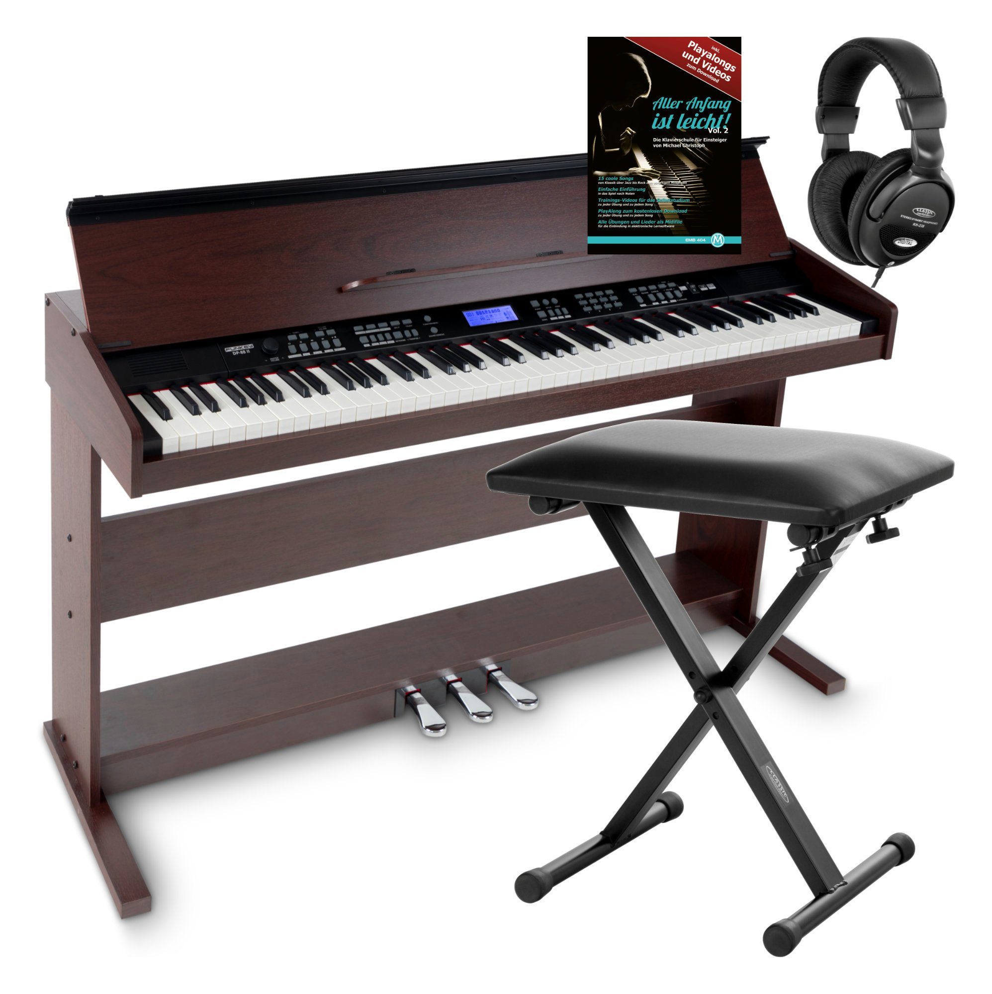 FunKey Digitalpiano DP-88 II E-Piano mit 88 anschlagsdynamische Tasten, (Economy-Set, 4 tlg., inkl. Keyboardbank, Kopfhörer und Klavierschule), umfangreiche Begleitautomatik und Keyboard Chord Akkordbegleitung