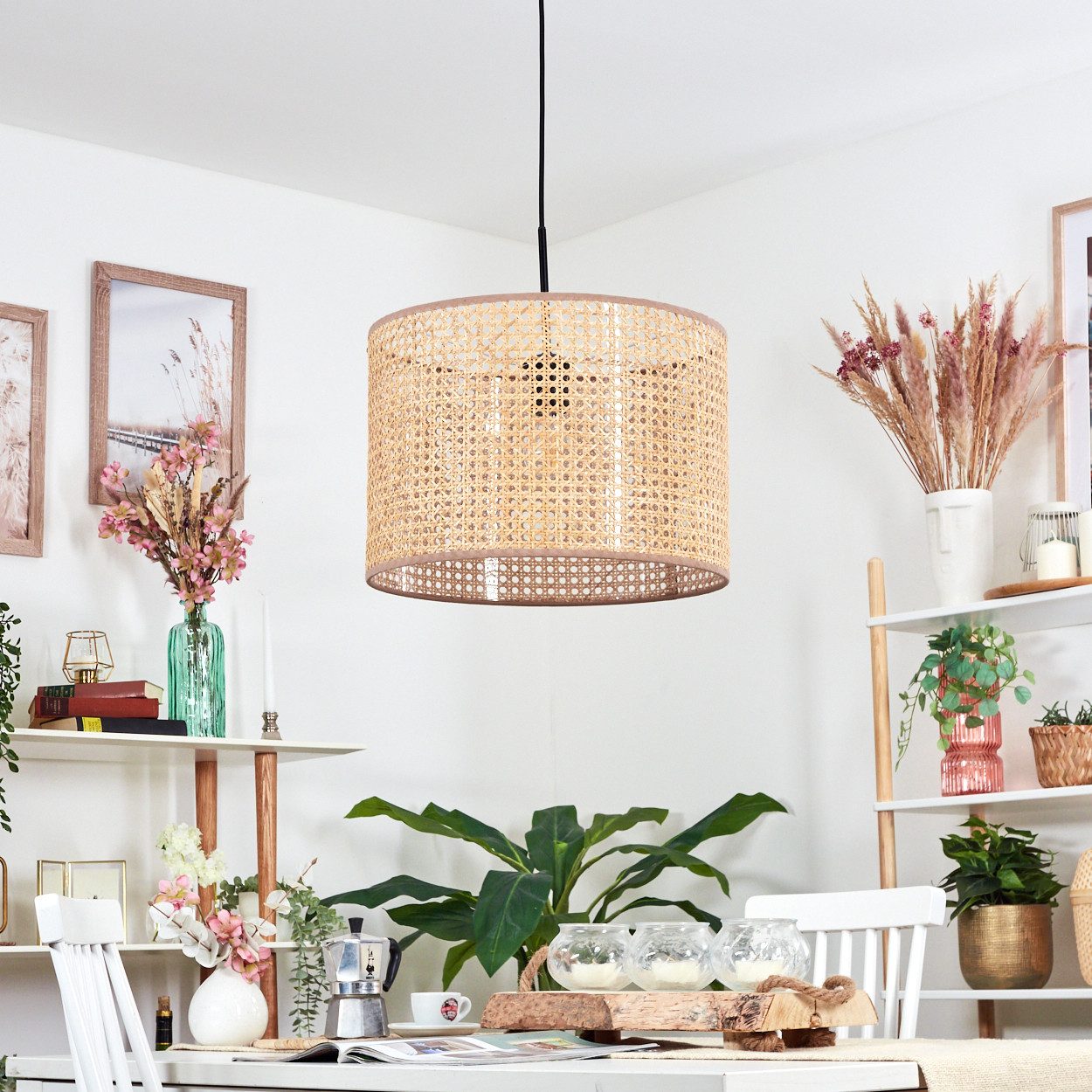 hofstein Hängeleuchte Hängelampe Metall/Rattan/Wiener Geflecht/Stoff, Schwa günstig online kaufen