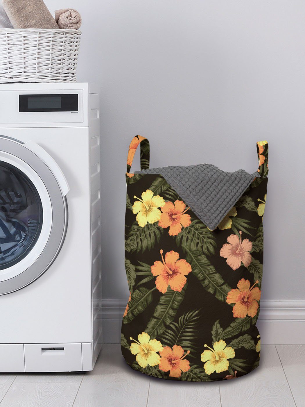 Wäschekorb Weinlese-Dschungel-Laub-Kunst Hibiskus mit für Abakuhaus Kordelzugverschluss Griffen Waschsalons, Wäschesäckchen