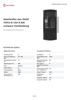 Kratki Kaminofen Kaminofen aus Stahl TOFA Ø 150 8 kW schwarz Verkleidung, 8,00 kW, Dauerbrand, Stahl schwarz Brennkammer schwarz