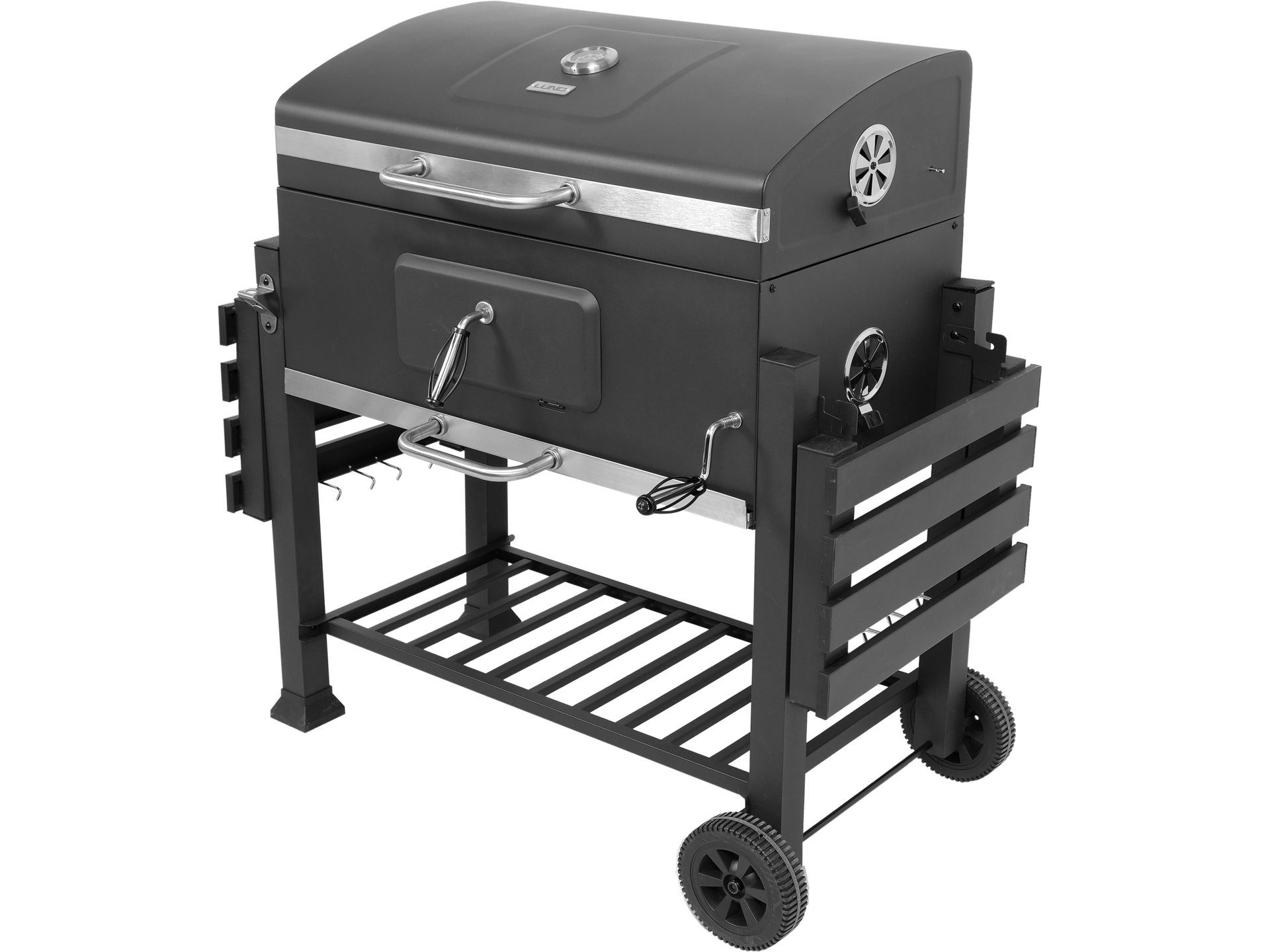 Lund Holzkohlegrill Griglia a carbone 78x42,5 cm con coperchio e ripiano, in ghisa, XXL Holzkohlegrill mit Gusseisenrost und Höhenverstellung 78x42.5 cm, XXL Holzkohlegrill mit Gusseisenrost und Höhenverstellung 78x42.5 cm