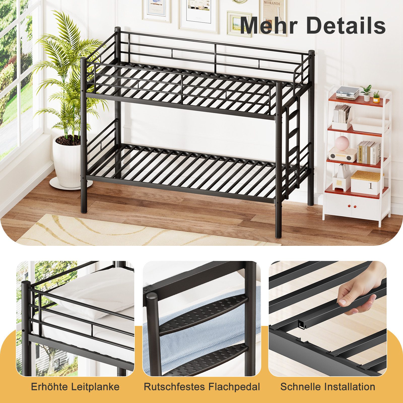 Drenice bunk bed 90x200cm, children's beds 90x200cm, iron bed, convertible to 2 single beds (Bunk Bed Kids with safety rail, convertible to 2 single beds), bunk bed with slatted base and anti-slip stairs, black