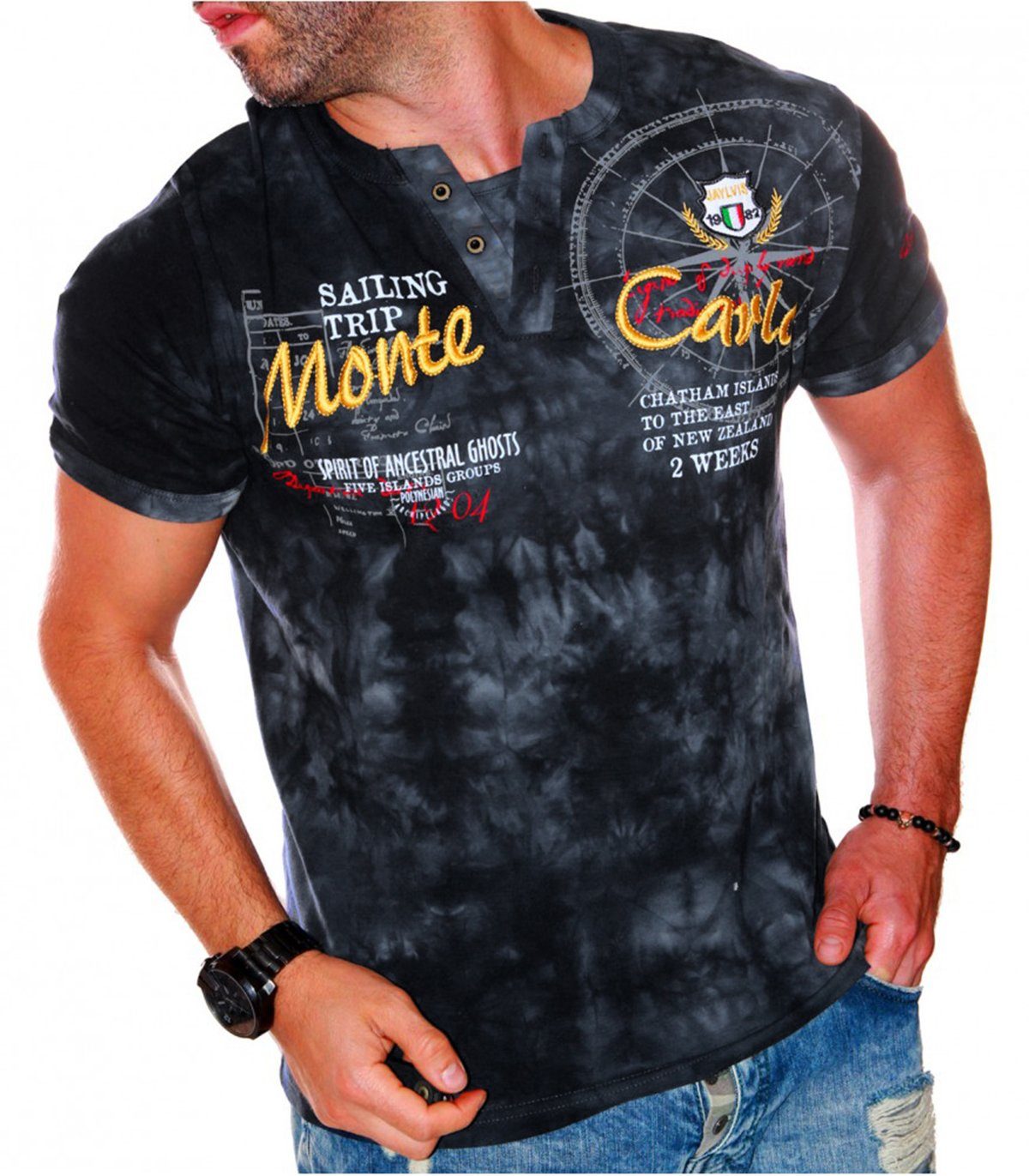 Jaylvis T-Shirt Sommer V-Kragen Shirt Kurzarm Freizeit (2276) Schwarz