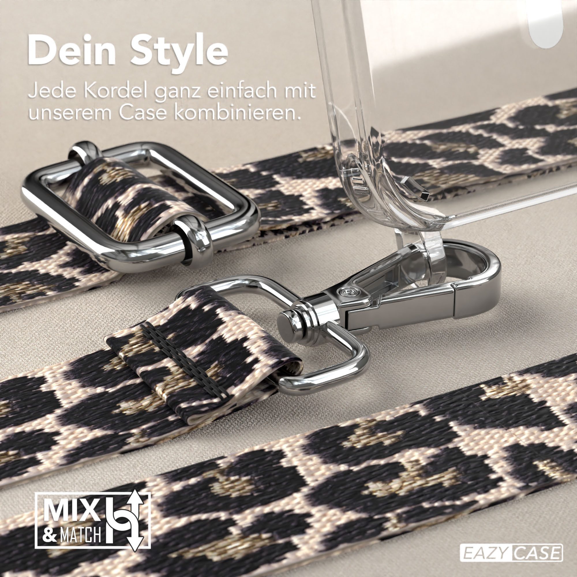 EAZY CASE Handykette Umhängeband MagSafe Hülle für Apple iPhone 15 Pro 6,1 Zoll, Cross Bag Handytaschenband Leo klare Hülle Silicon 2in1 Beige Schwarz