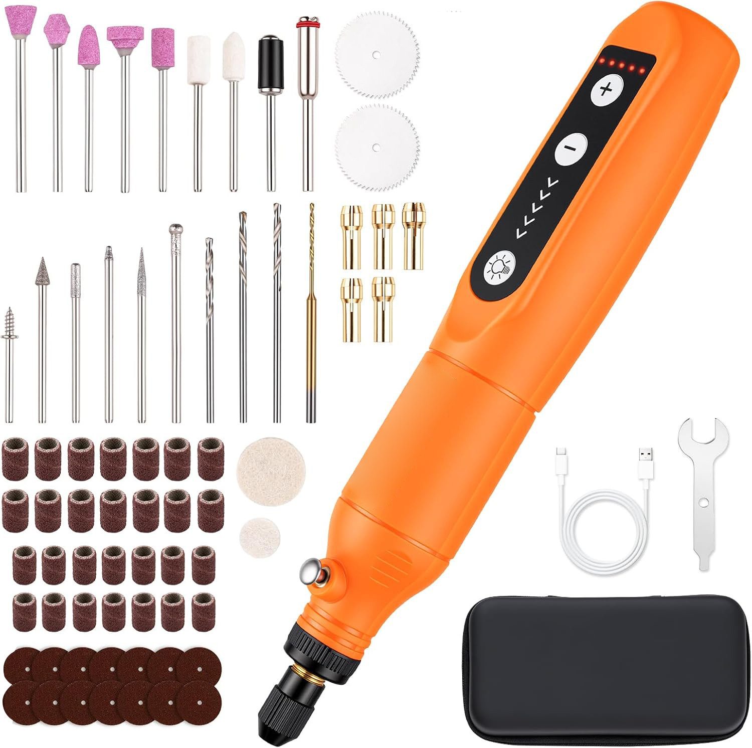 AIMAX Akku-Multifunktionswerkzeug Akku-Multischleifer & Multifunktionswerkzeug, 70-tlg. Set, Orange, Multitool Drehwerkzeug & Gravur-Werkzeug, 5 Stufen, LED, USB-C