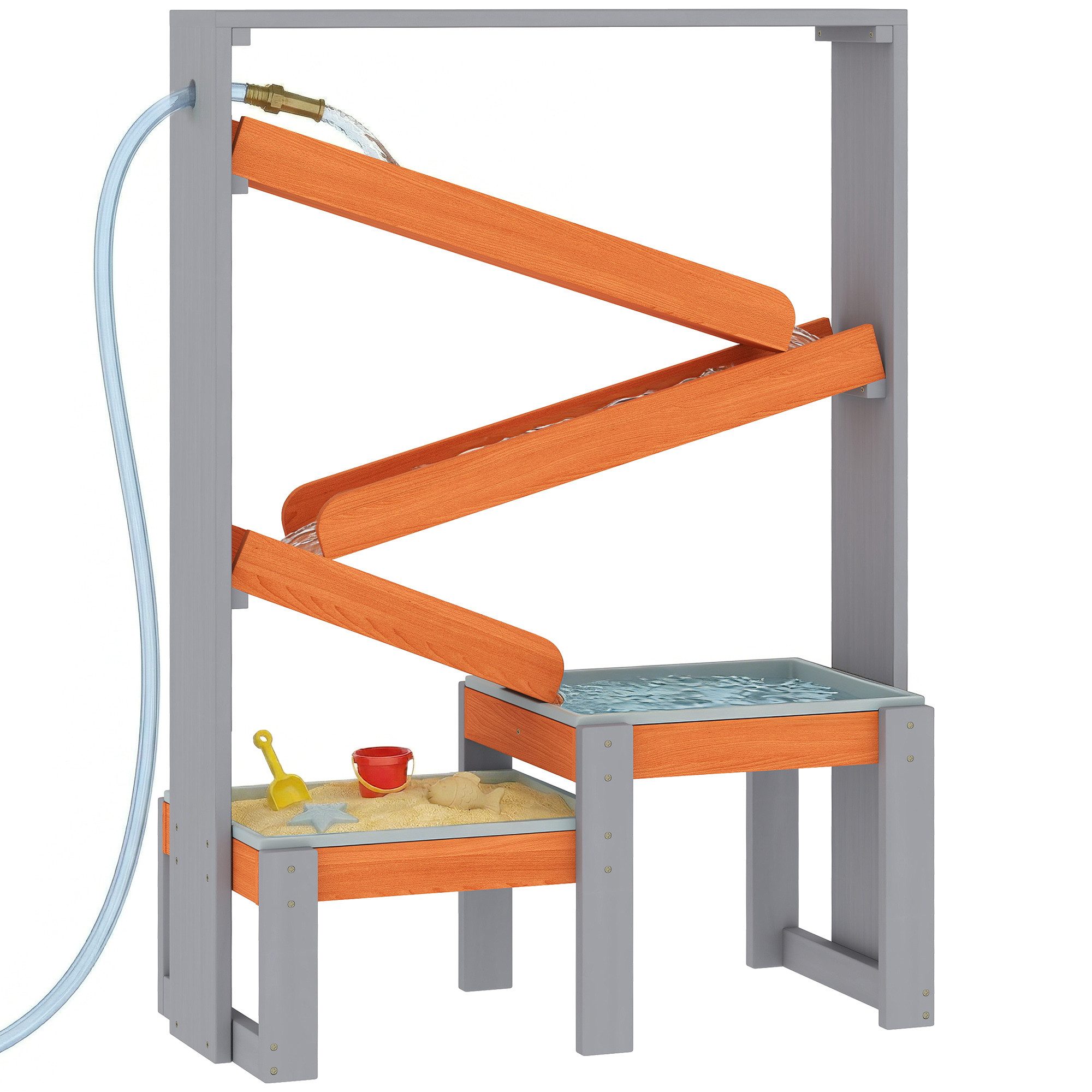 AIYAPLAY Sandkasten Sand Wasserspieltisch Holz Wassertisch mit Wasserbahn 2 Becken, (Sand Wasserspieltisch, 1-tlg., Holz Wassertisch), für 3-8 Jahre Kinder Grau