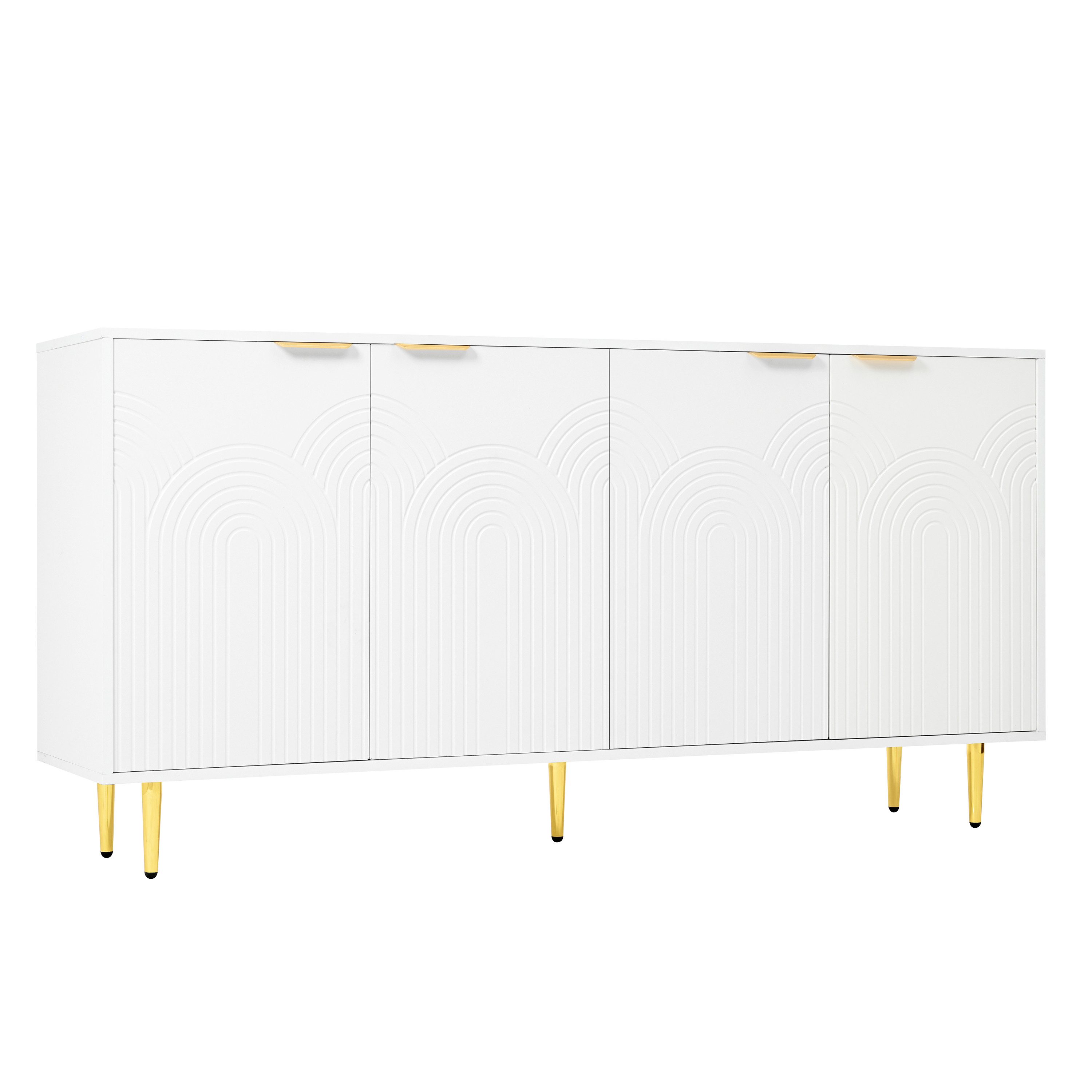 Flieks Sideboard mit 4 Türen, goldenen Metallgriffen und Metallbeinen (B160/T40/H80 cm, 1 St., Holzschrank für Wohnzimmer, Esszimmer, Schlafzimmer, Flur), Mehrzweckschrank mit verstellbare Einlegeböden Komodenschrank Weiß